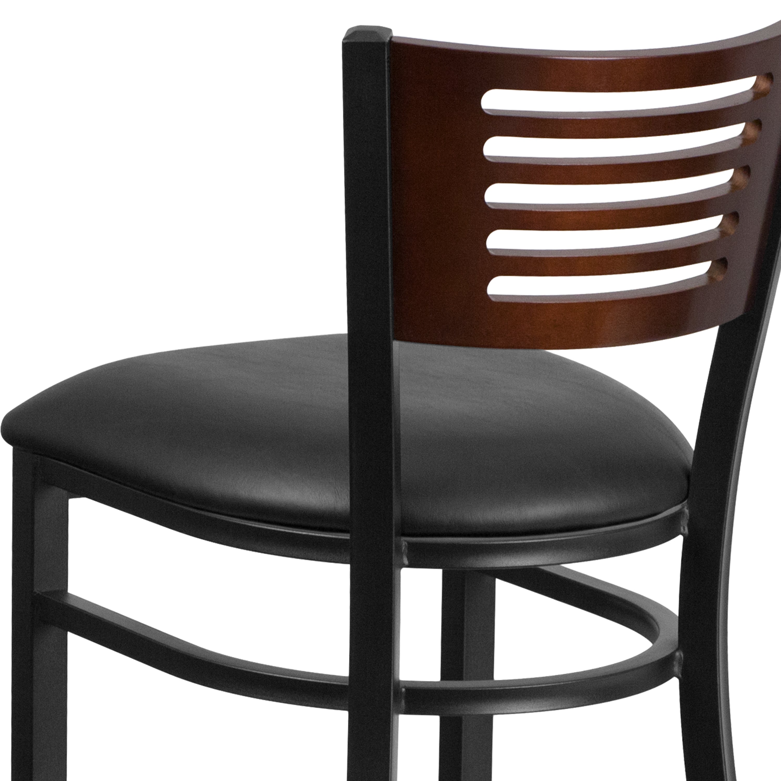 HERCULES Series Black Slat Back Metal Restaurant Barstool - Walnut Wood Back, Black Vinyl Seat