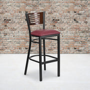 HERCULES Series Black Slat Back Metal Restaurant Barstool - Walnut Wood Back, Burgundy Vinyl Seat