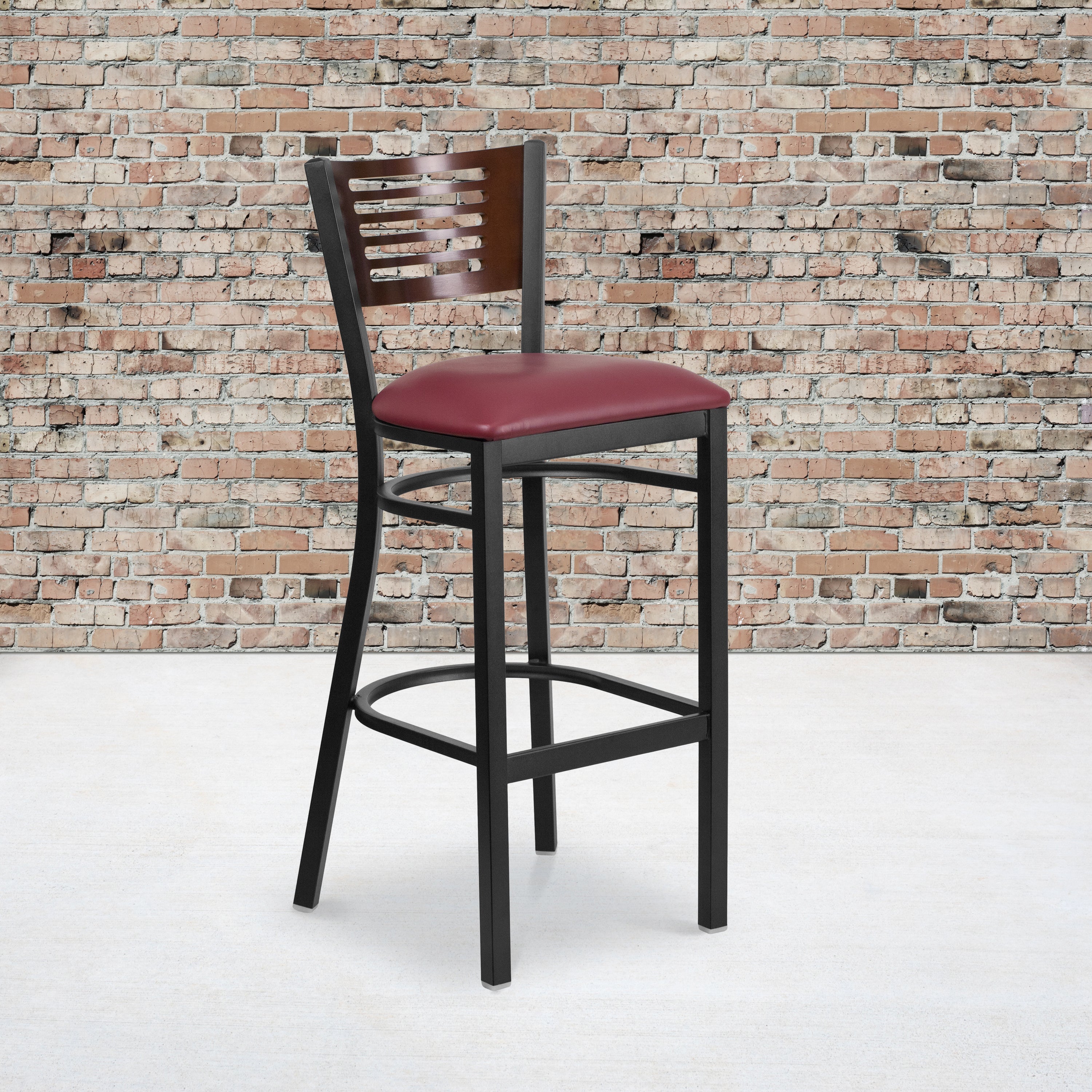 HERCULES Series Black Slat Back Metal Restaurant Barstool - Walnut Wood Back, Burgundy Vinyl Seat