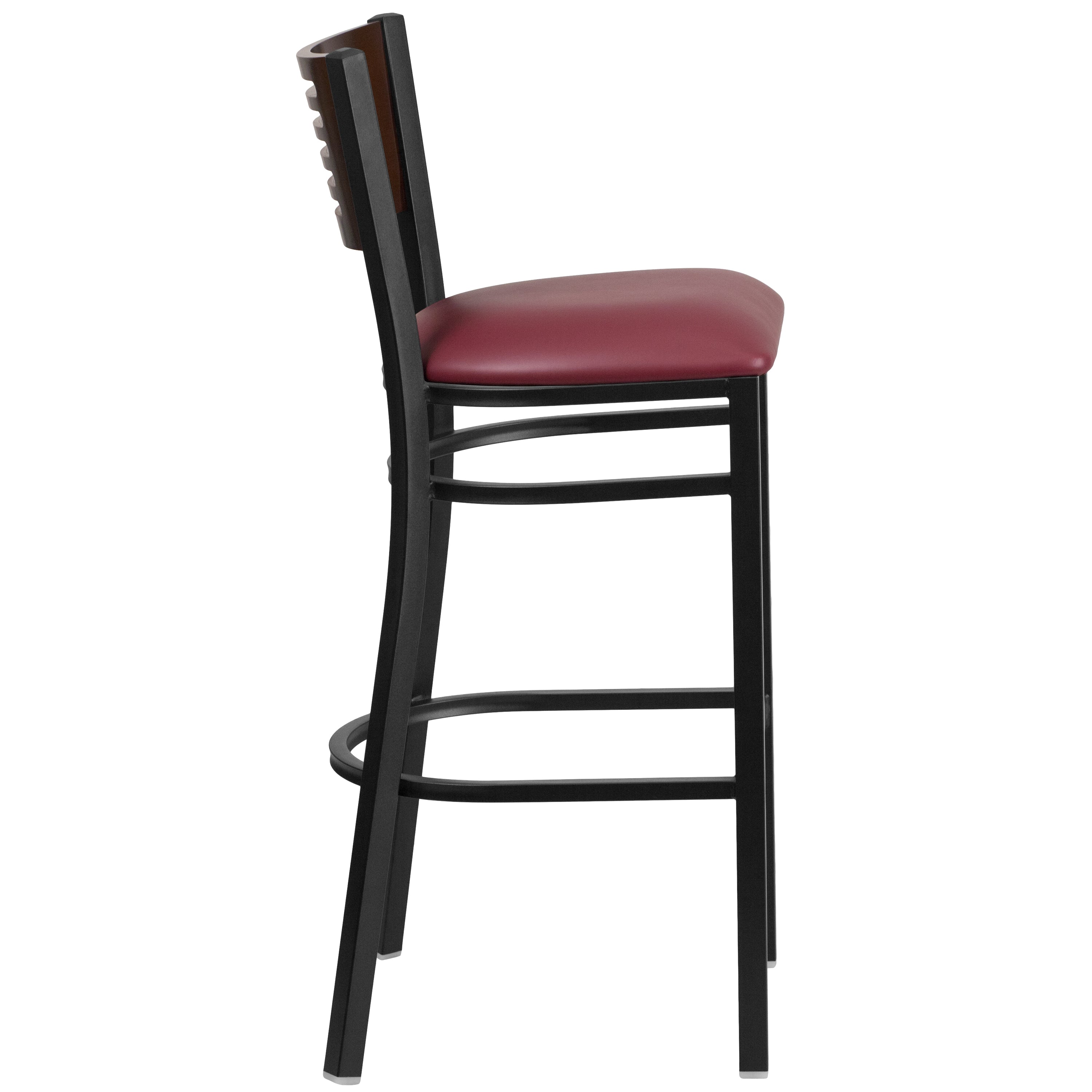 HERCULES Series Black Slat Back Metal Restaurant Barstool - Walnut Wood Back, Burgundy Vinyl Seat