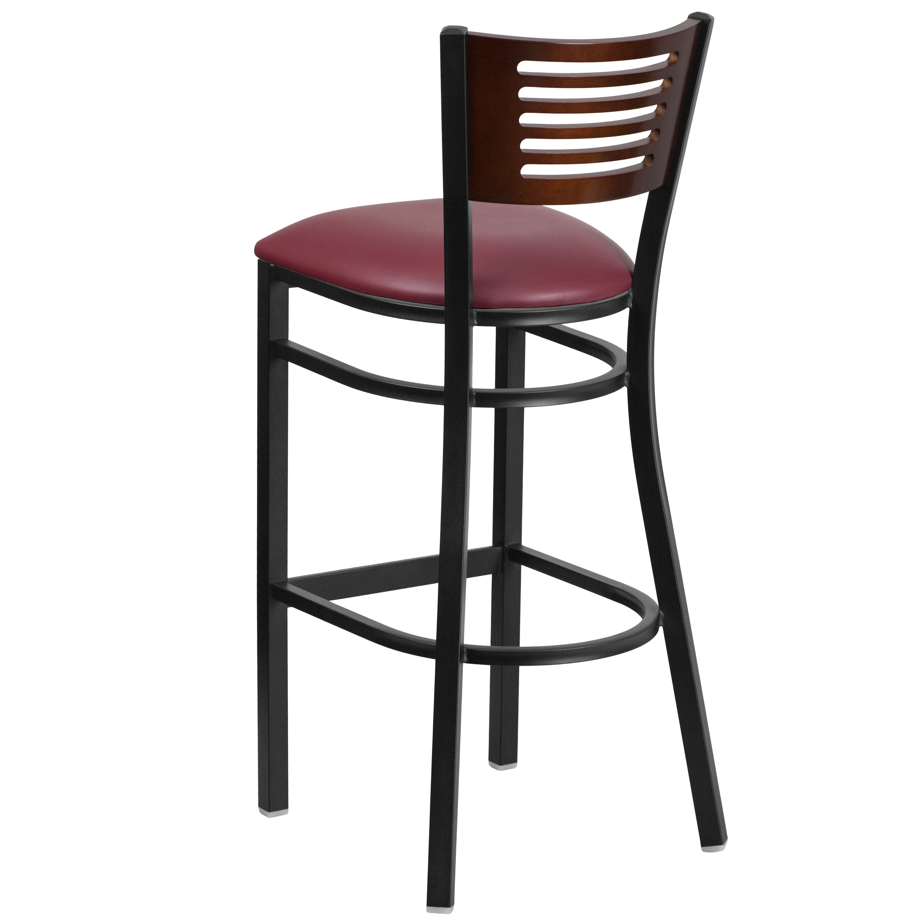 HERCULES Series Black Slat Back Metal Restaurant Barstool - Walnut Wood Back, Burgundy Vinyl Seat