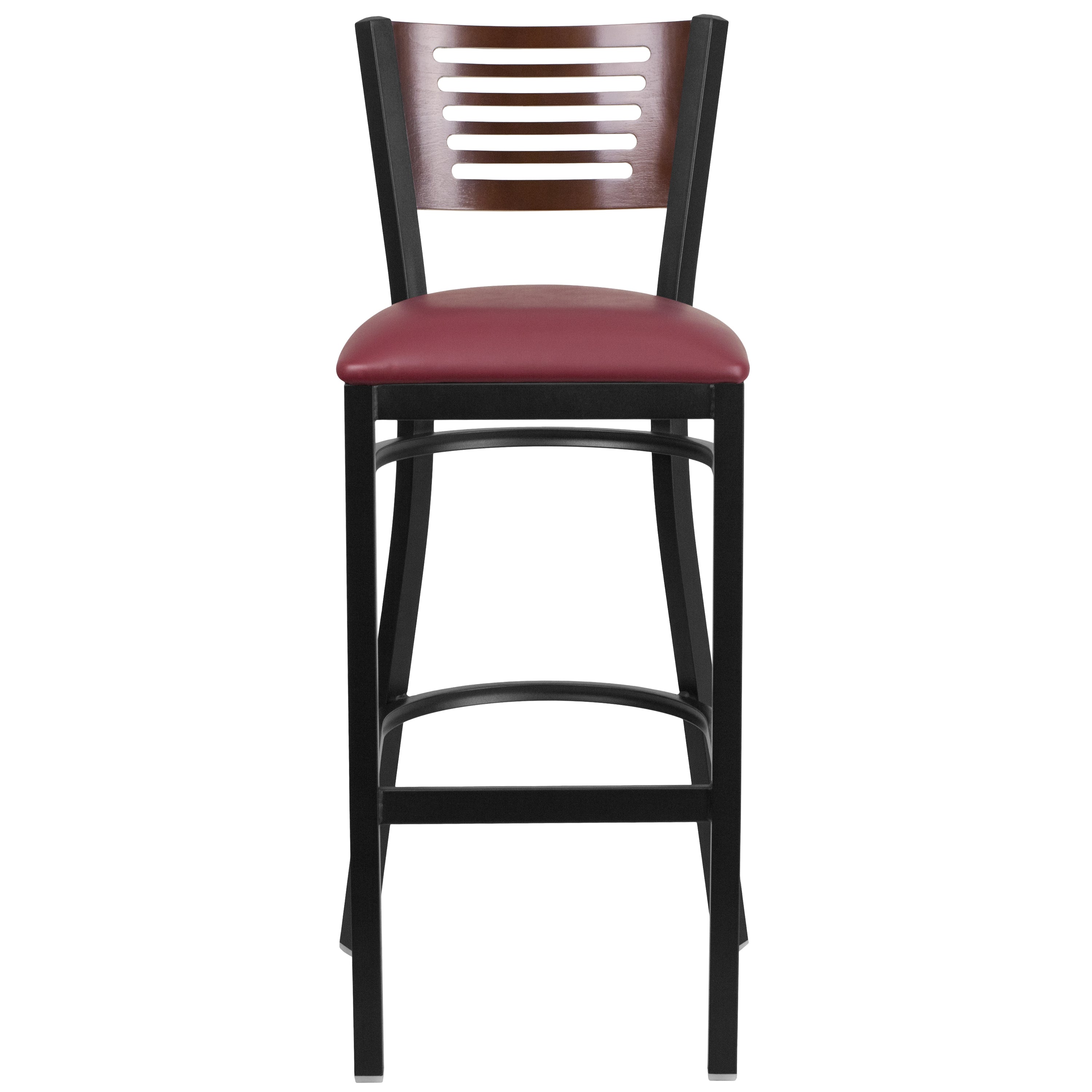 HERCULES Series Black Slat Back Metal Restaurant Barstool - Walnut Wood Back, Burgundy Vinyl Seat
