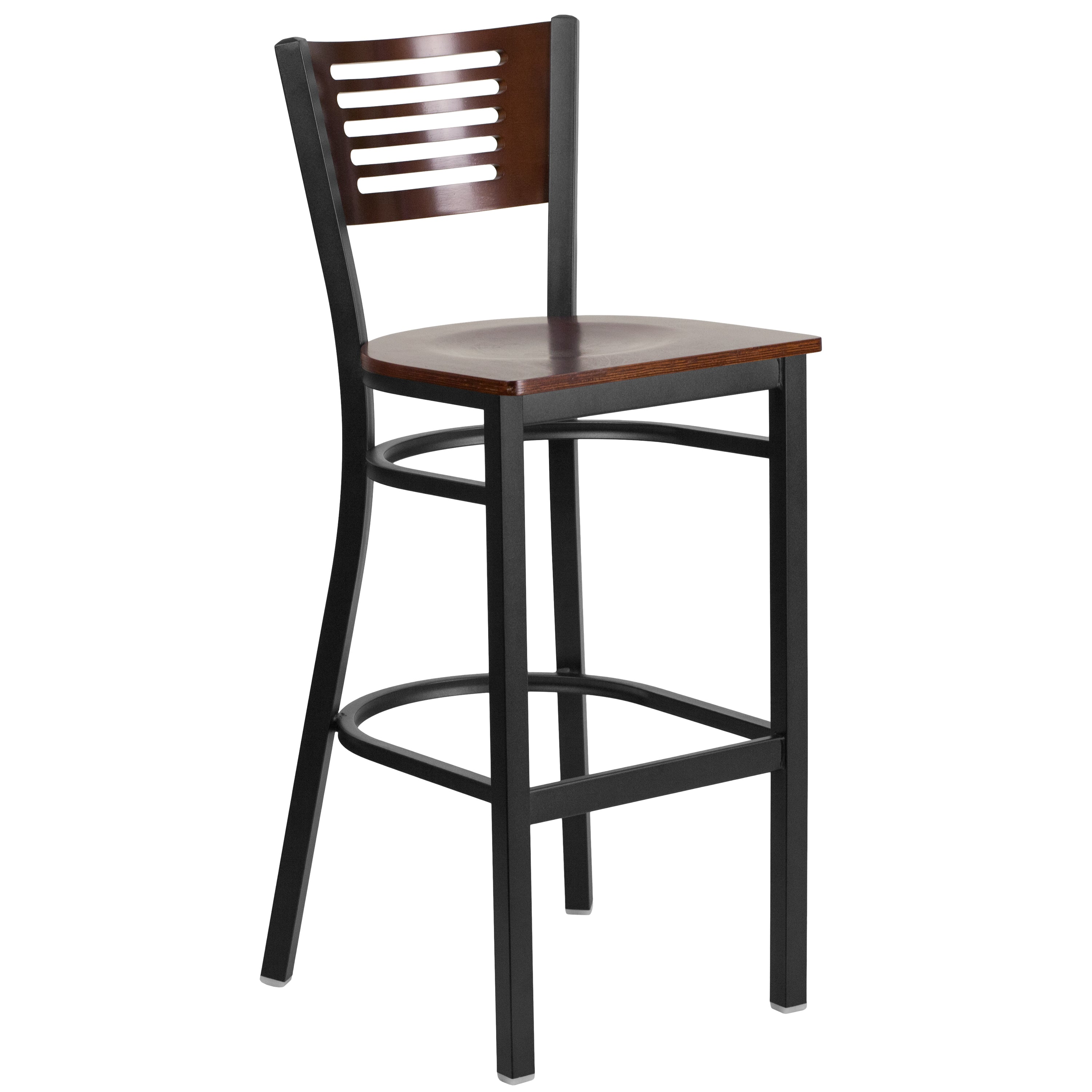 HERCULES Series Black Slat Back Metal Restaurant Barstool - Walnut Wood Back & Seat
