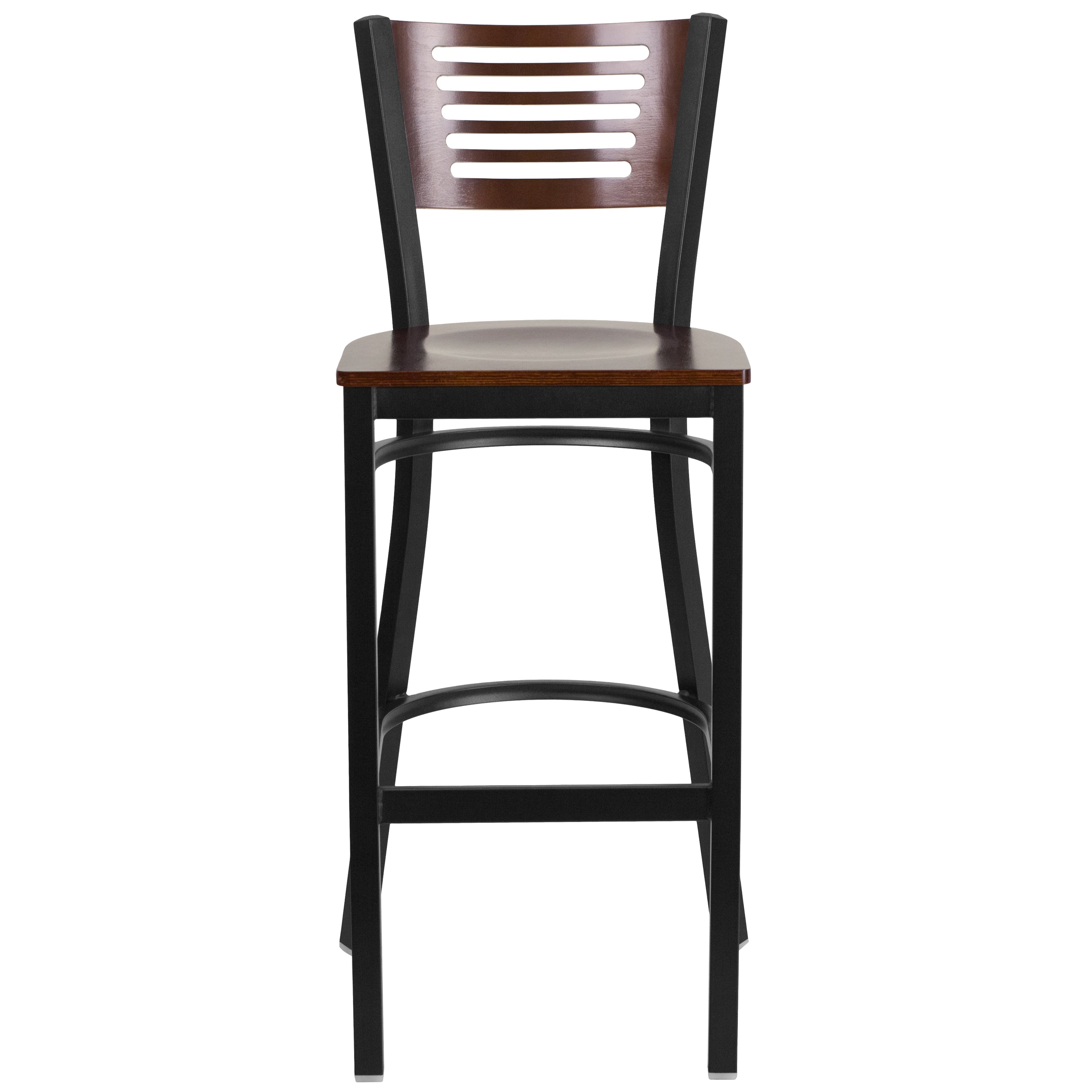 HERCULES Series Black Slat Back Metal Restaurant Barstool - Walnut Wood Back & Seat