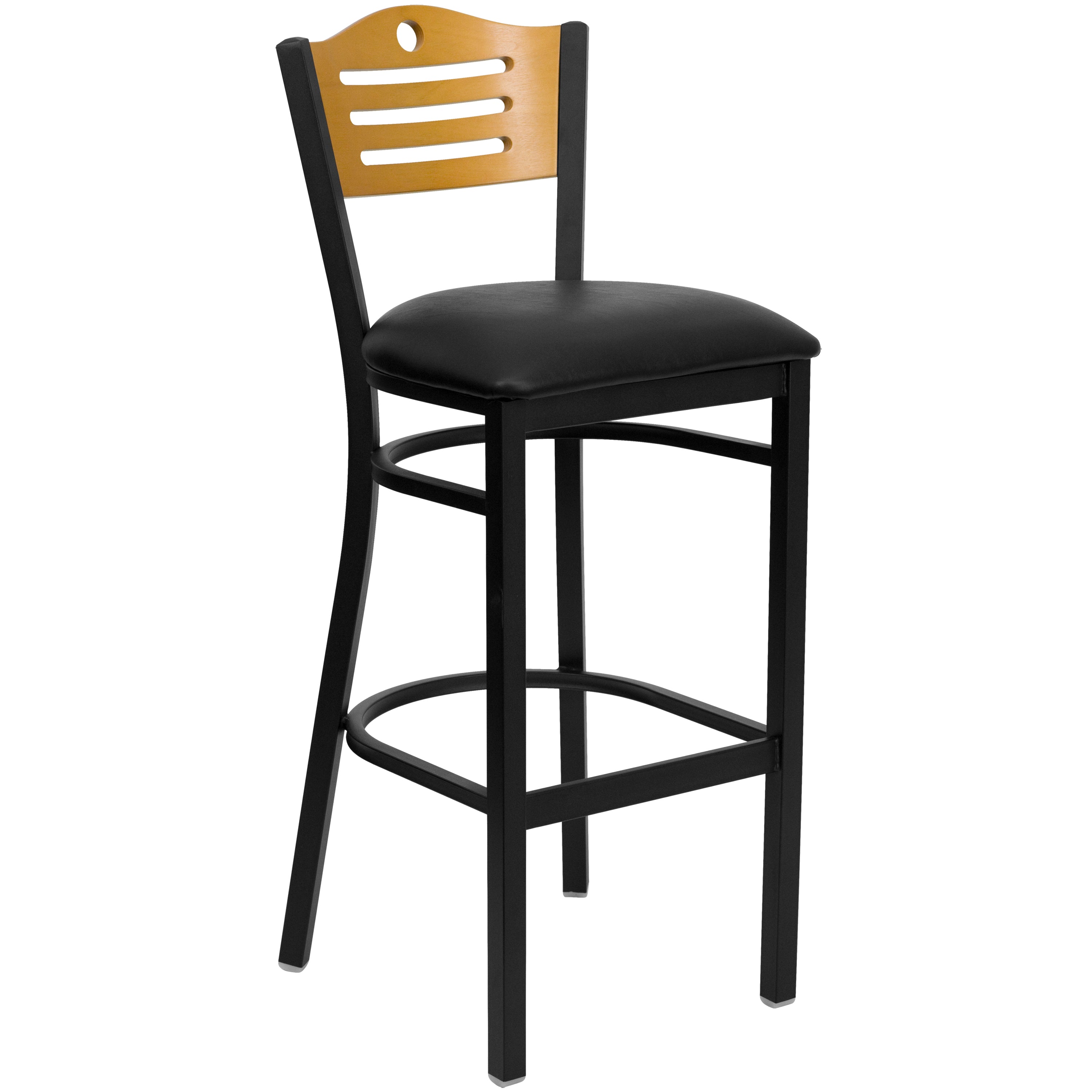 HERCULES Series Black Slat Back Metal Restaurant Barstool - Natural Wood Back, Black Vinyl Seat