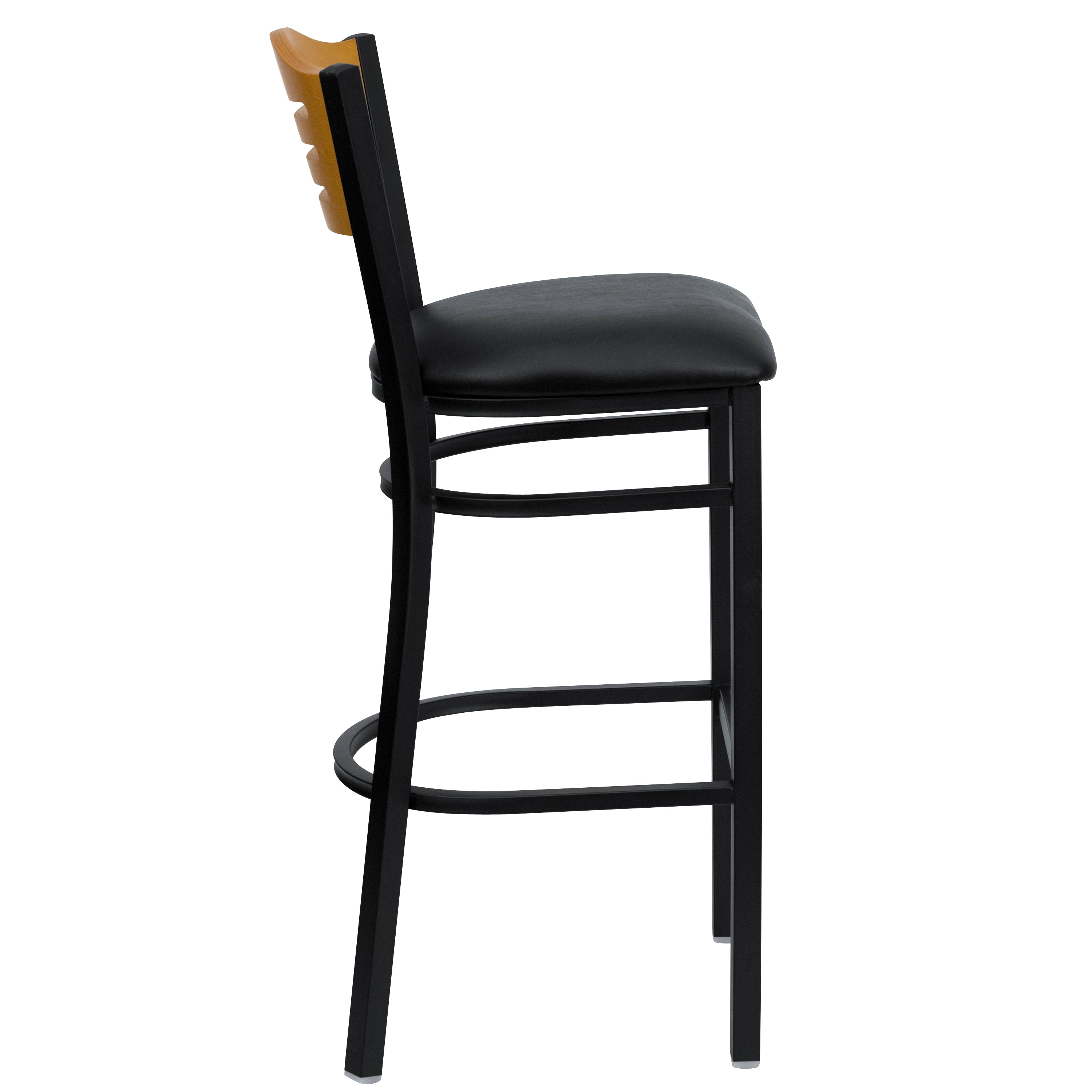 HERCULES Series Black Slat Back Metal Restaurant Barstool - Natural Wood Back, Black Vinyl Seat
