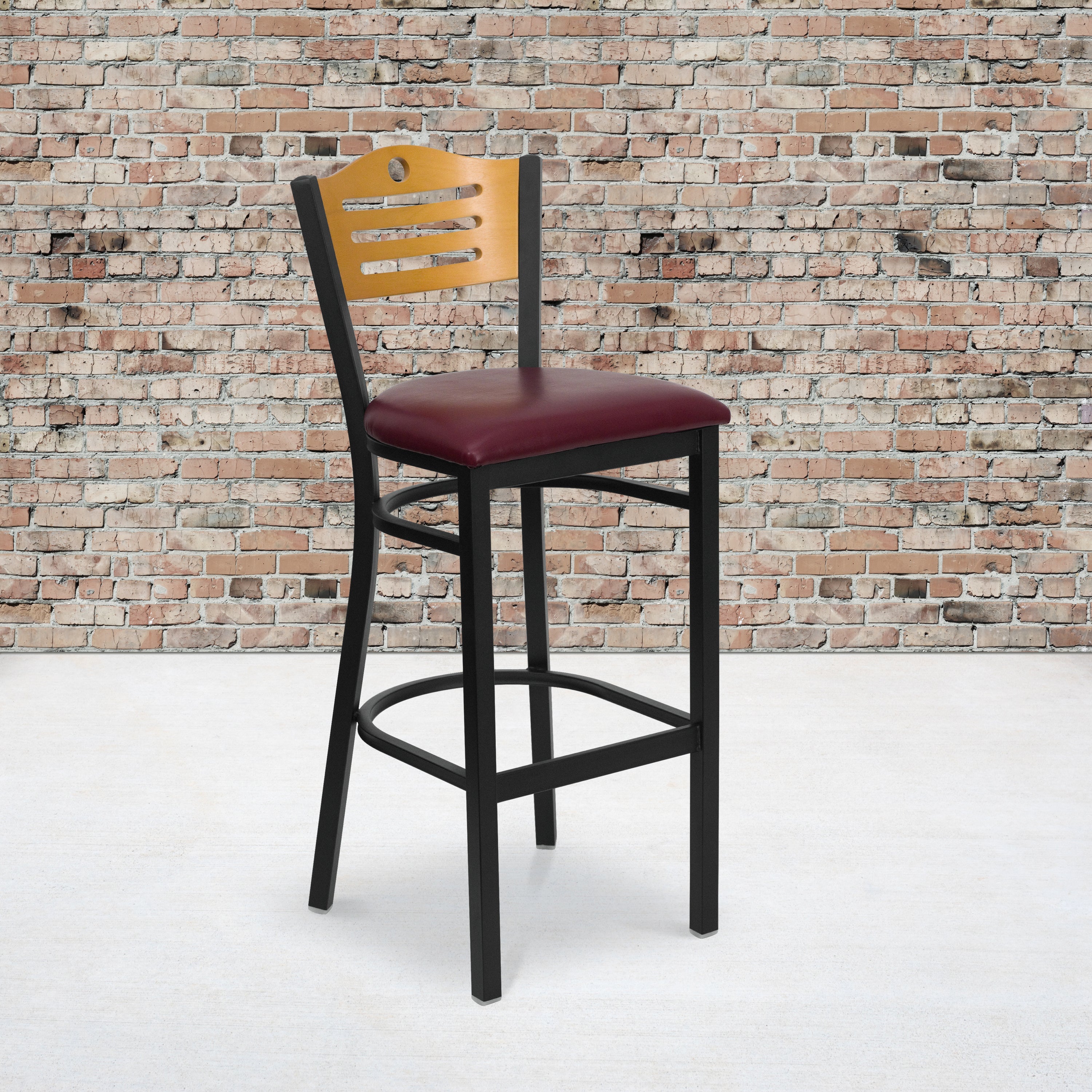 HERCULES Series Black Slat Back Metal Restaurant Barstool - Natural Wood Back, Burgundy Vinyl Seat