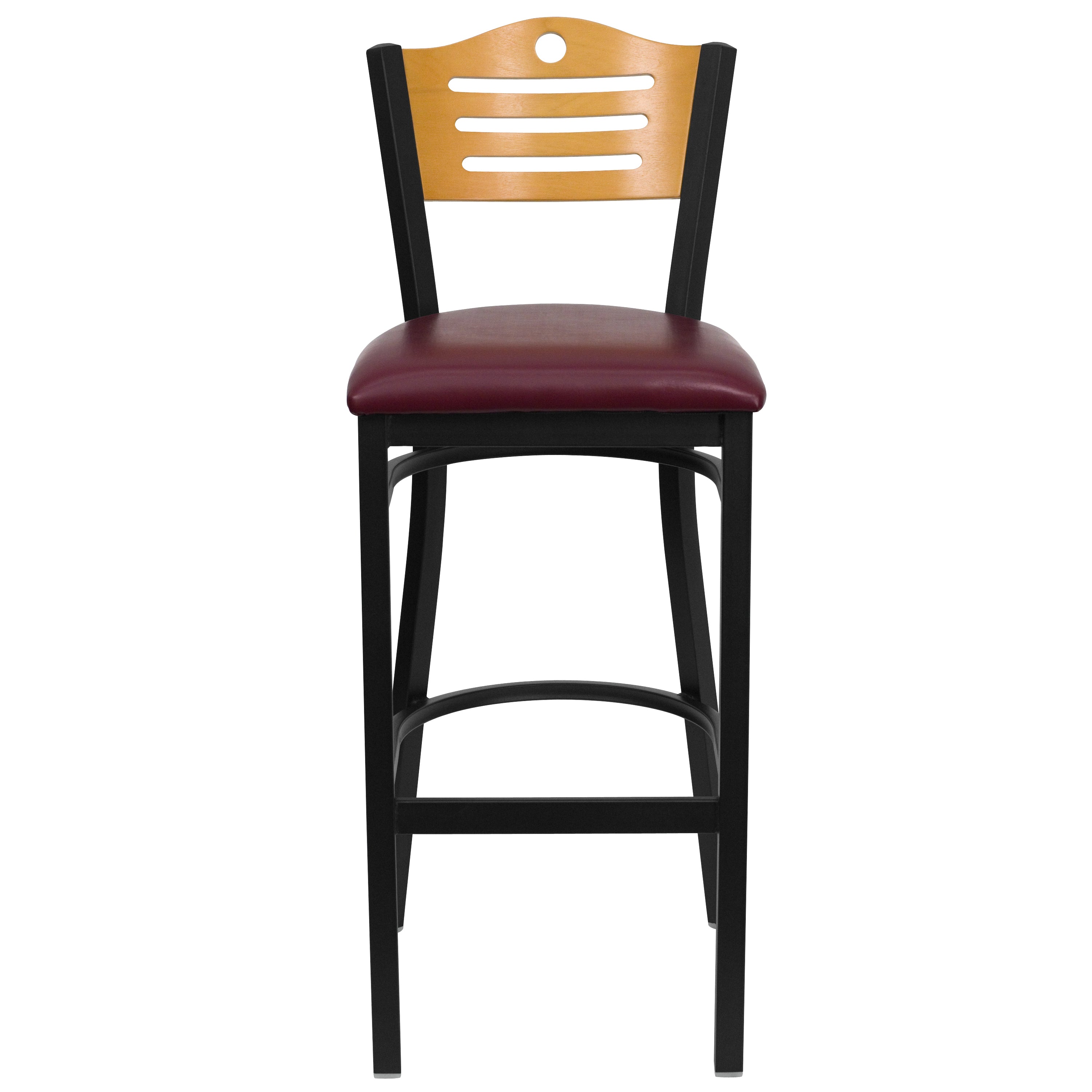 HERCULES Series Black Slat Back Metal Restaurant Barstool - Natural Wood Back, Burgundy Vinyl Seat