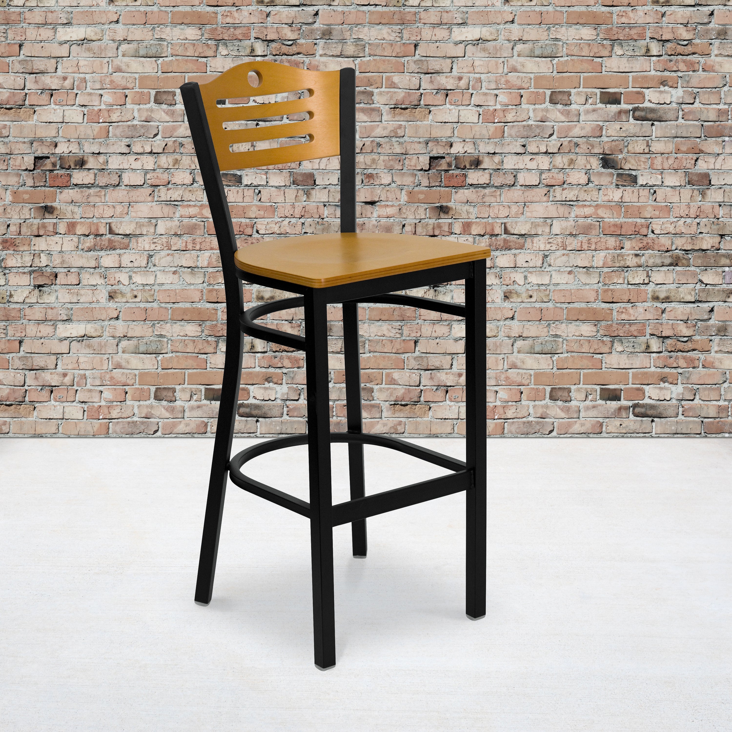 HERCULES Series Black Slat Back Metal Restaurant Barstool - Natural Wood Back & Seat