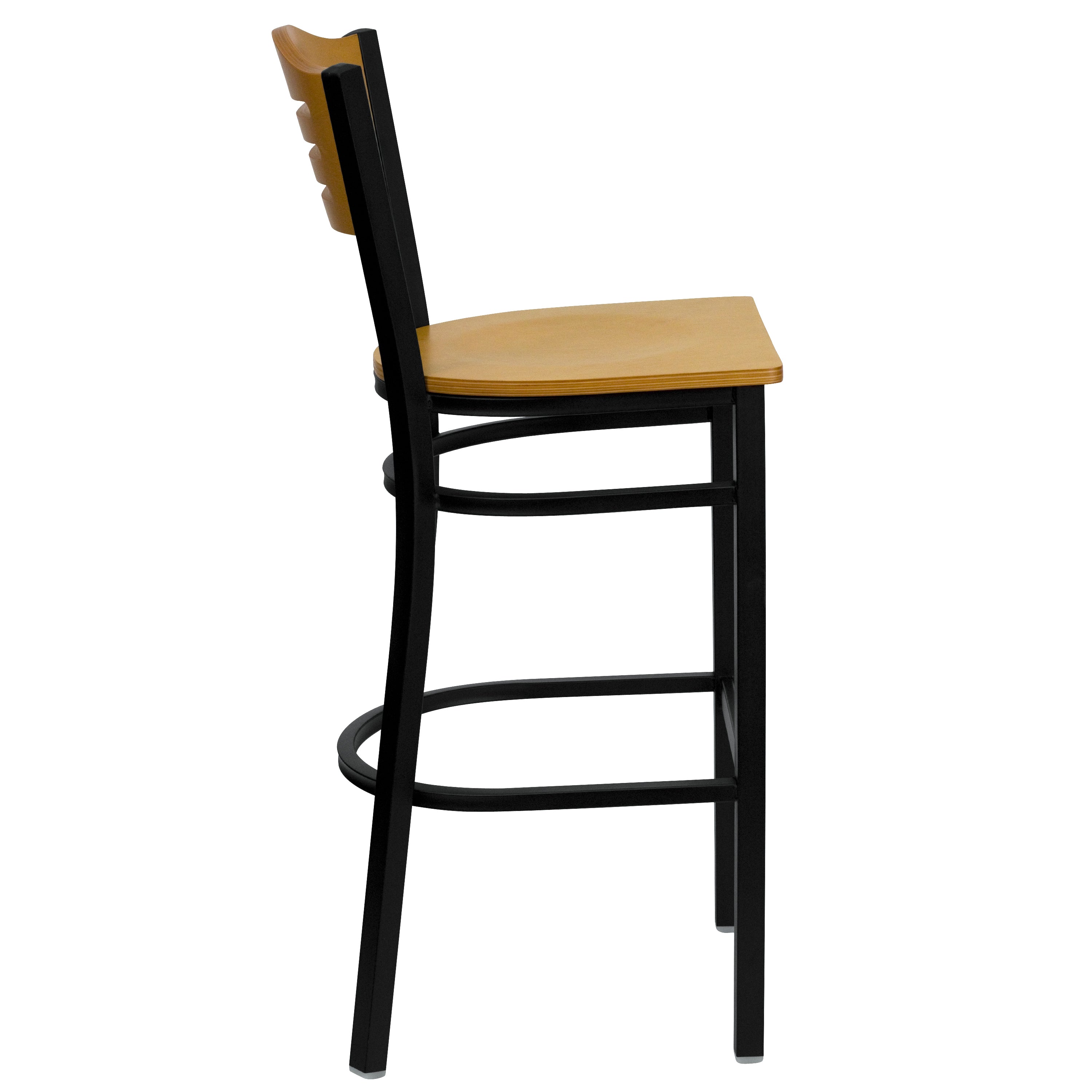 HERCULES Series Black Slat Back Metal Restaurant Barstool - Natural Wood Back & Seat