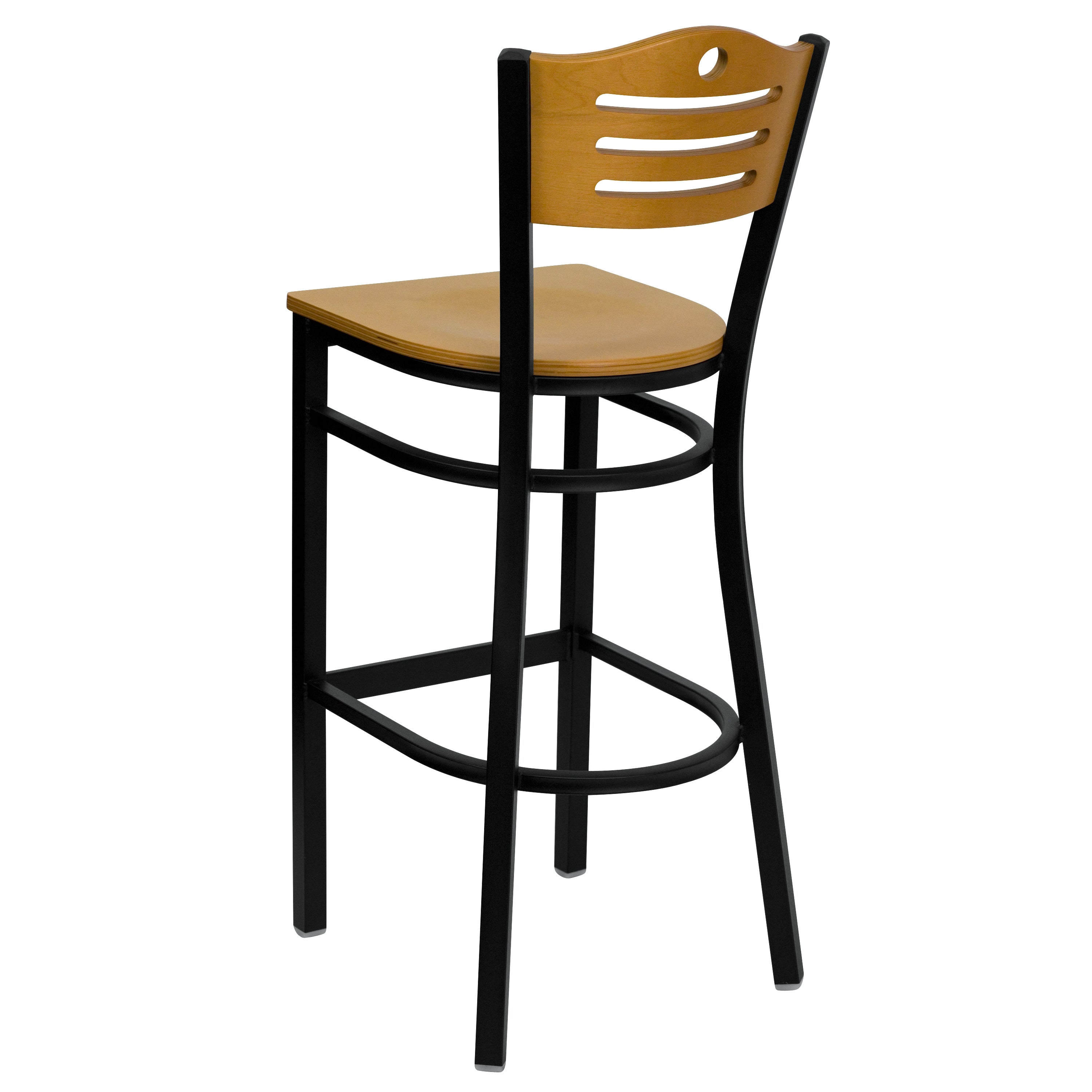 HERCULES Series Black Slat Back Metal Restaurant Barstool - Natural Wood Back & Seat