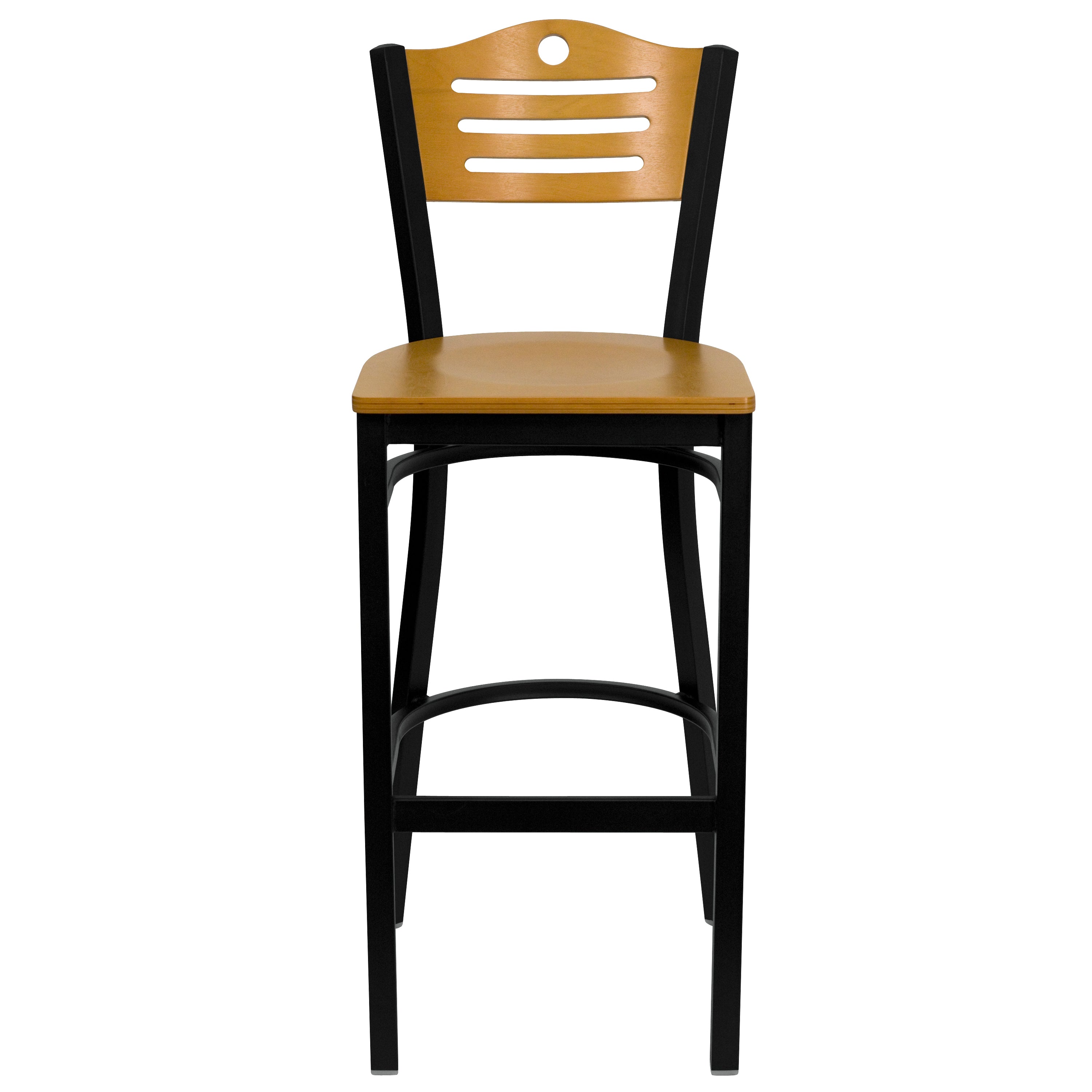 HERCULES Series Black Slat Back Metal Restaurant Barstool - Natural Wood Back & Seat
