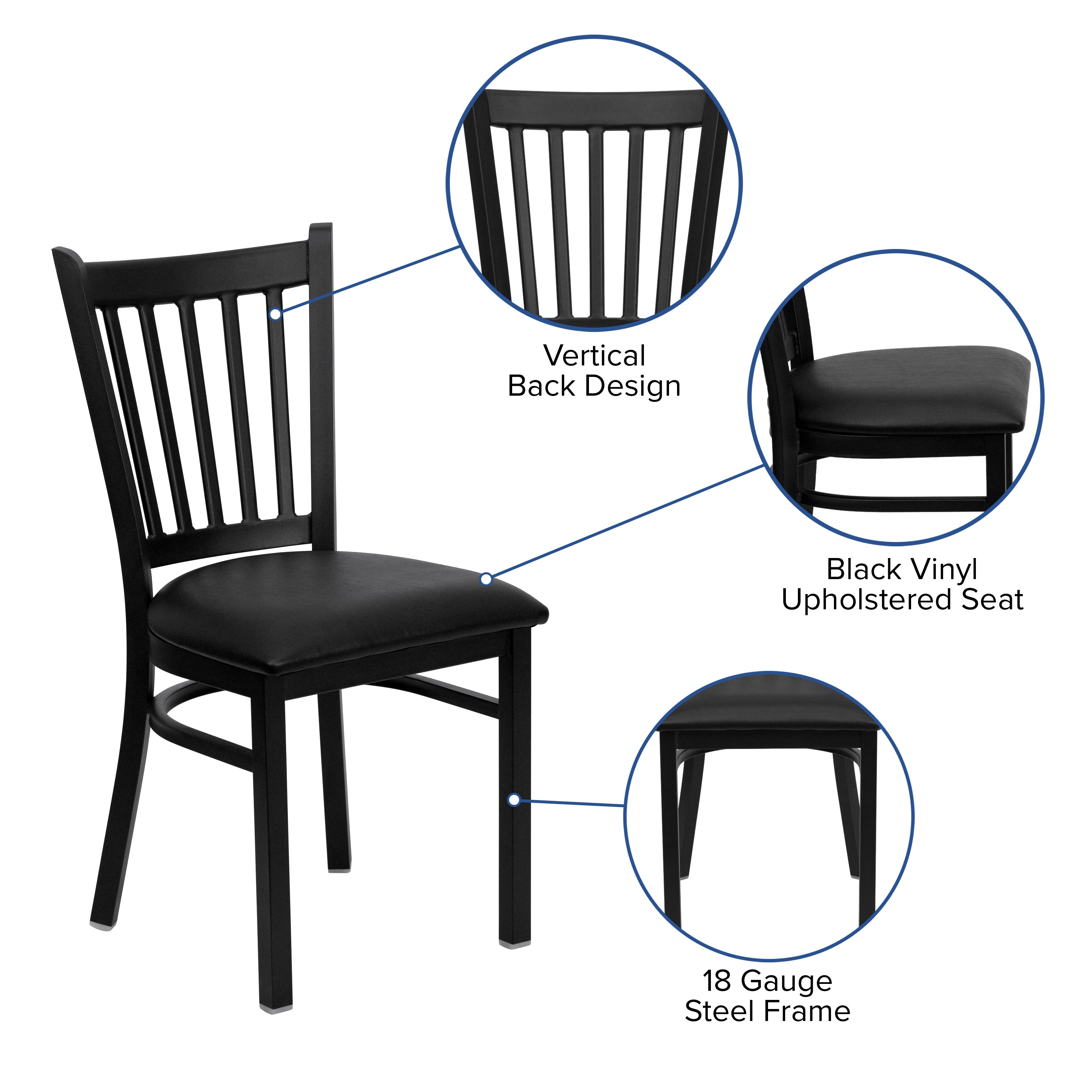 HERCULES Series Black Vertical Back Metal Restaurant Chair - Black Vinyl Seat