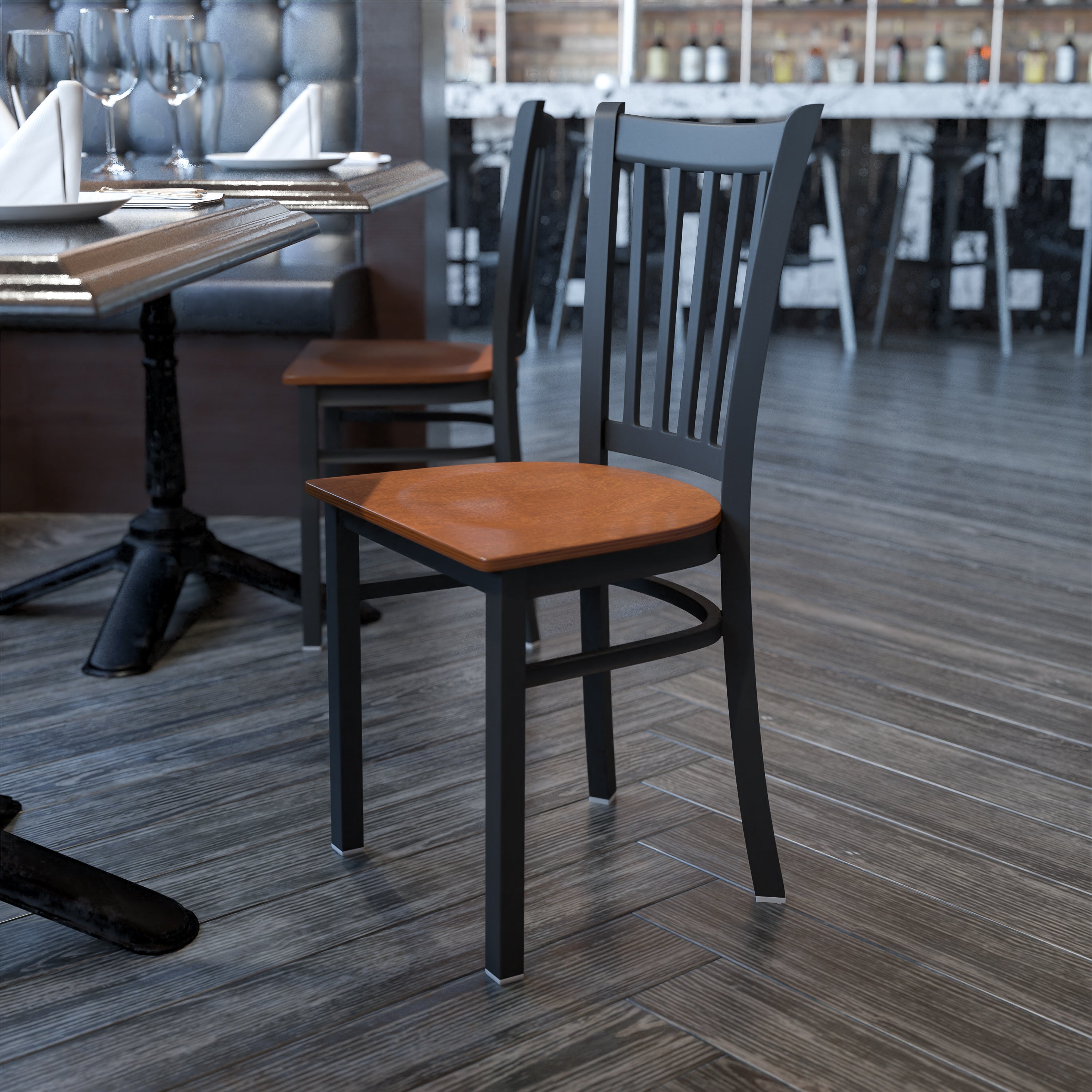 HERCULES Series Black Vertical Back Metal Restaurant Chair - Cherry Wood Seat
