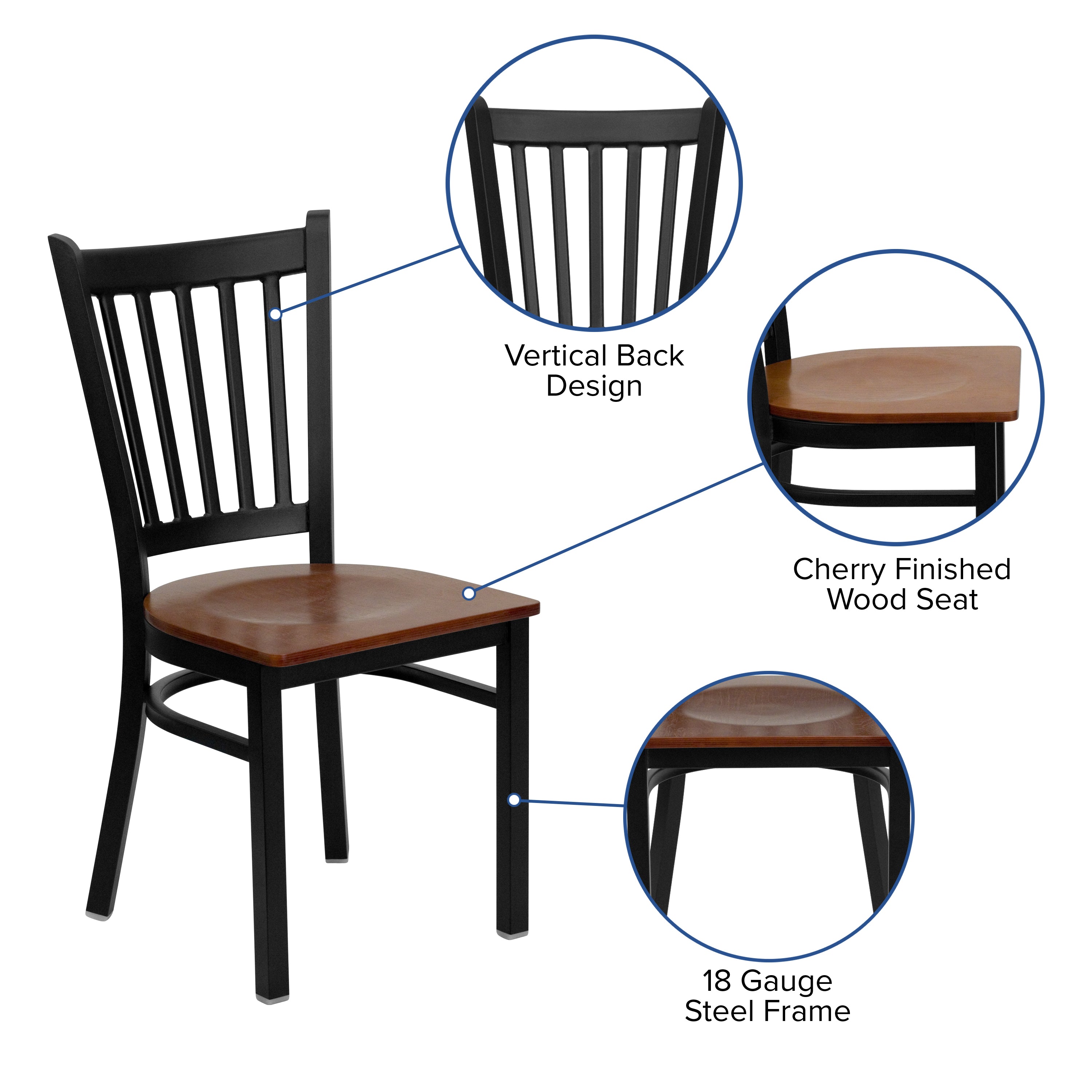 HERCULES Series Black Vertical Back Metal Restaurant Chair - Cherry Wood Seat