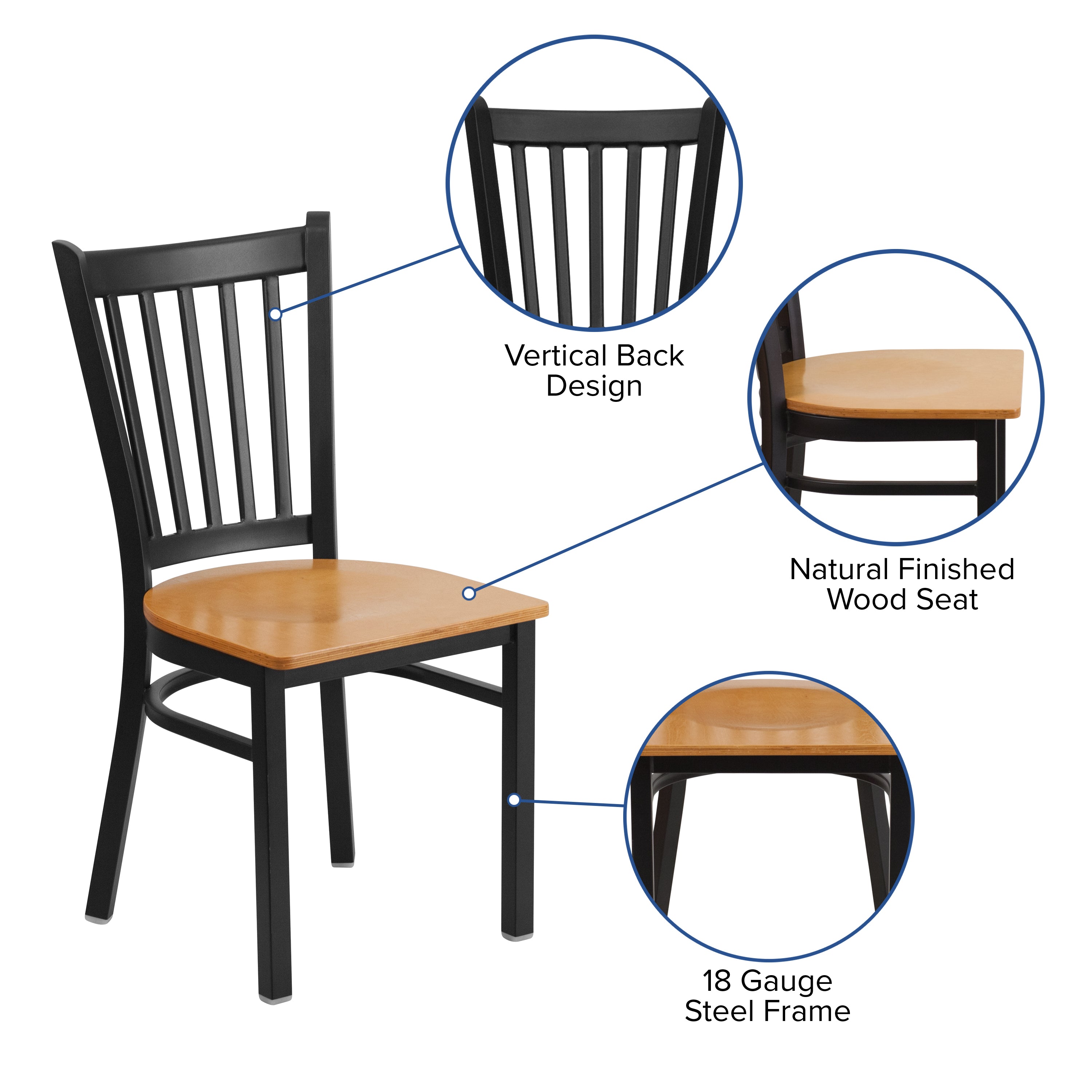 HERCULES Series Black Vertical Back Metal Restaurant Chair - Natural Wood Seat