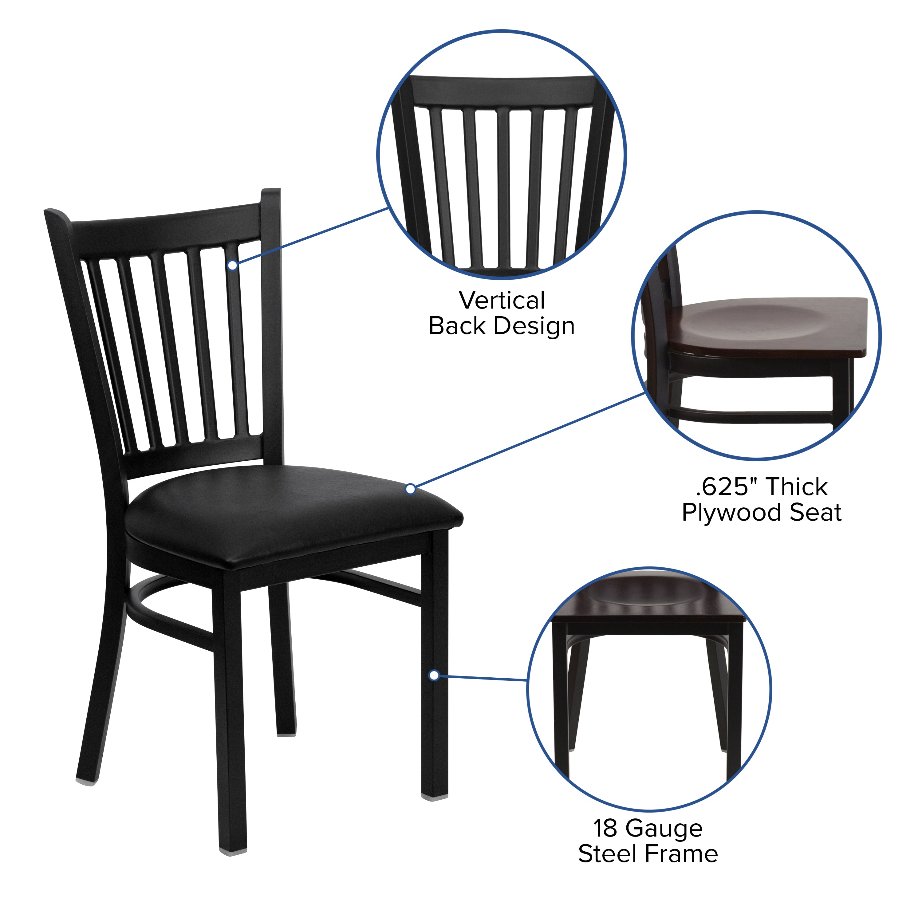 HERCULES Series Black Vertical Back Metal Restaurant Chair - Walnut Wood Seat