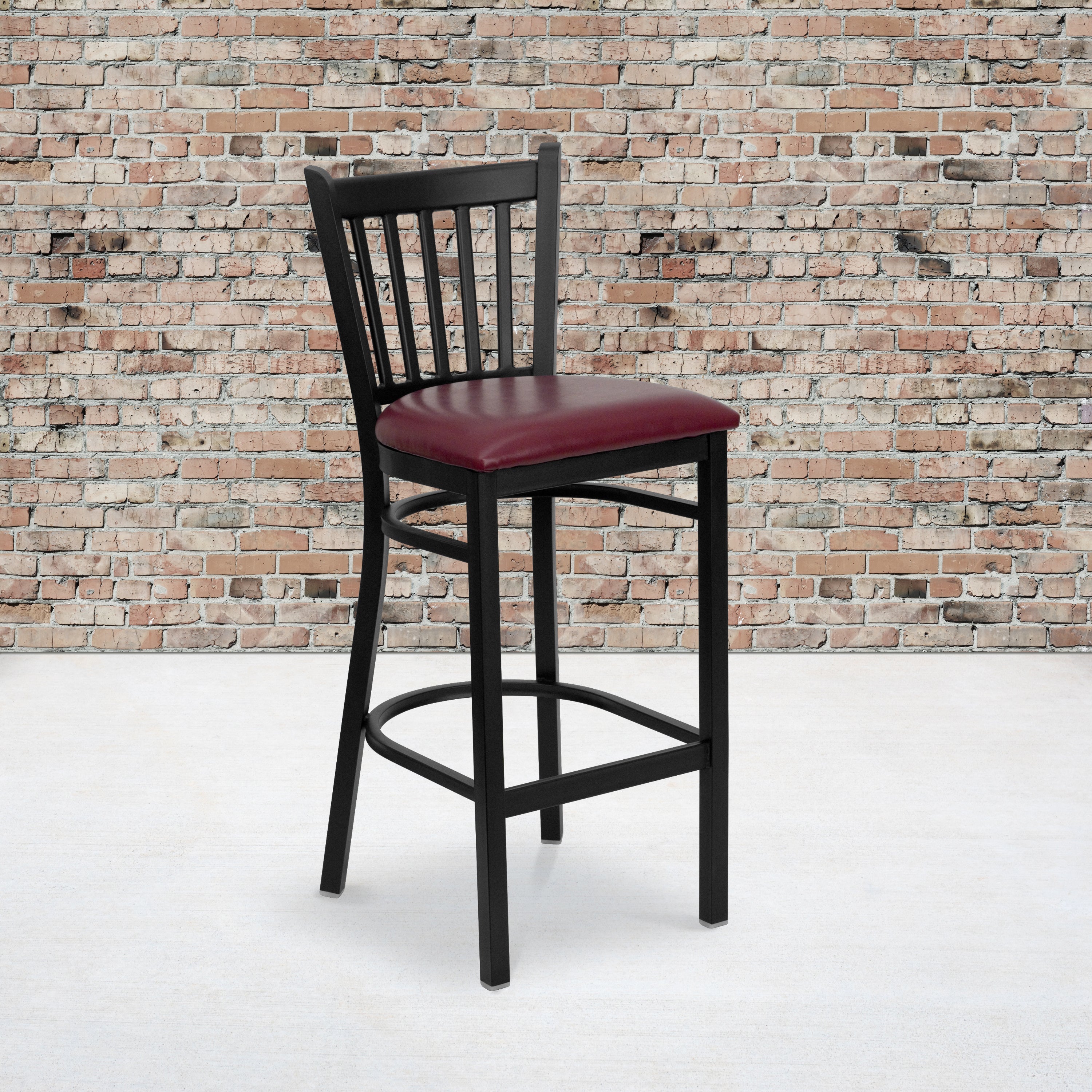 HERCULES Series Black Vertical Back Metal Restaurant Barstool - Burgundy Vinyl Seat