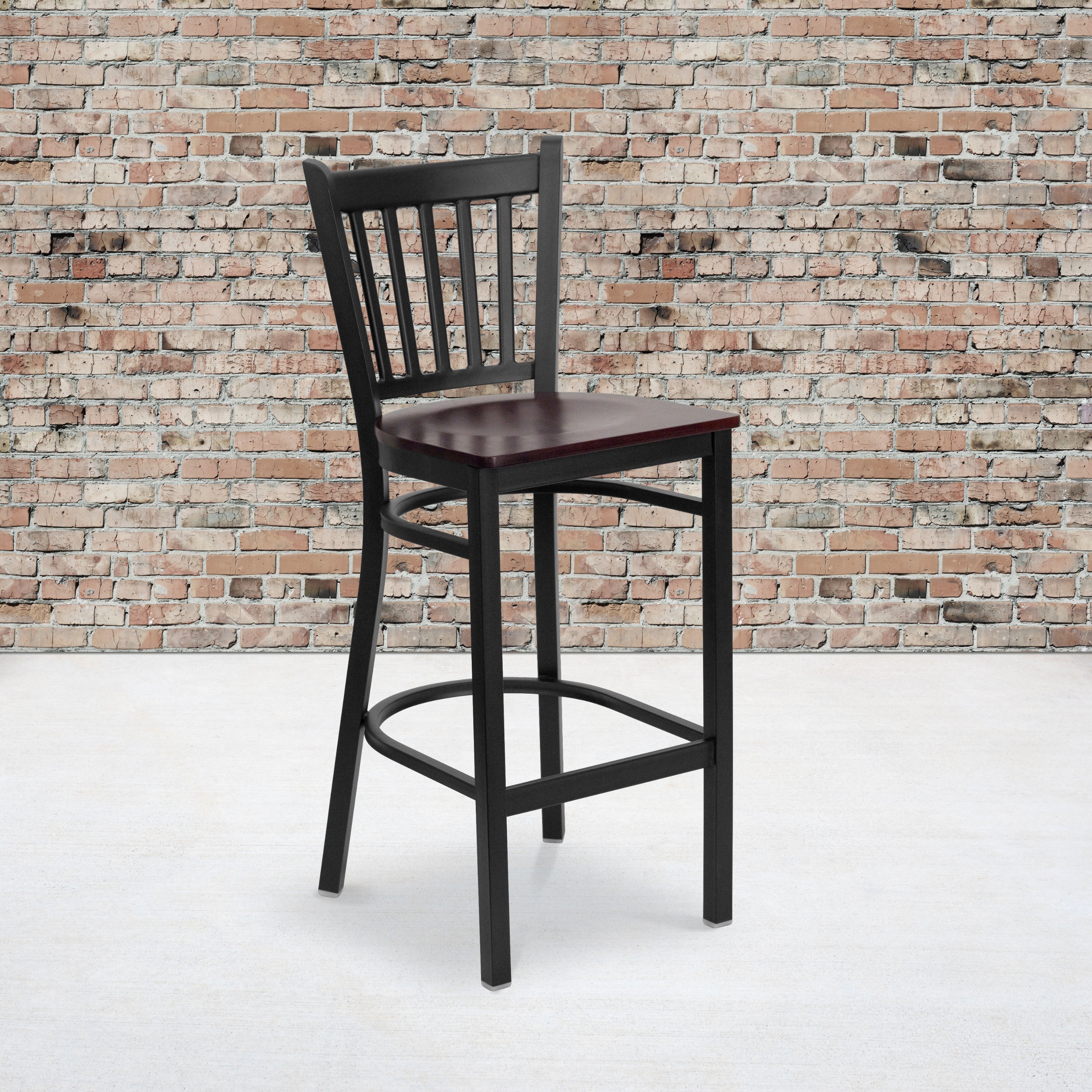 HERCULES Series Black Vertical Back Metal Restaurant Barstool - Mahogany Wood Seat