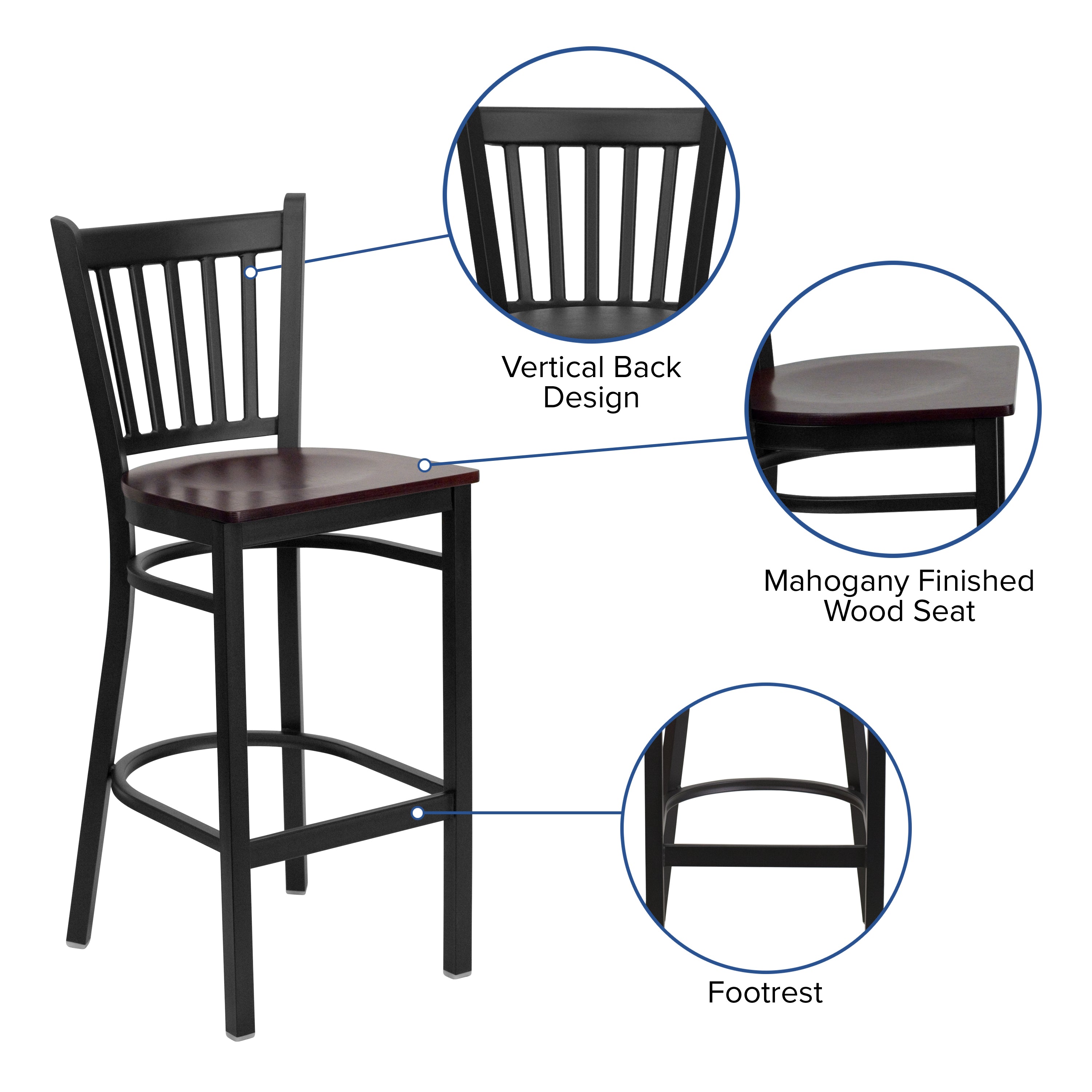 HERCULES Series Black Vertical Back Metal Restaurant Barstool - Mahogany Wood Seat