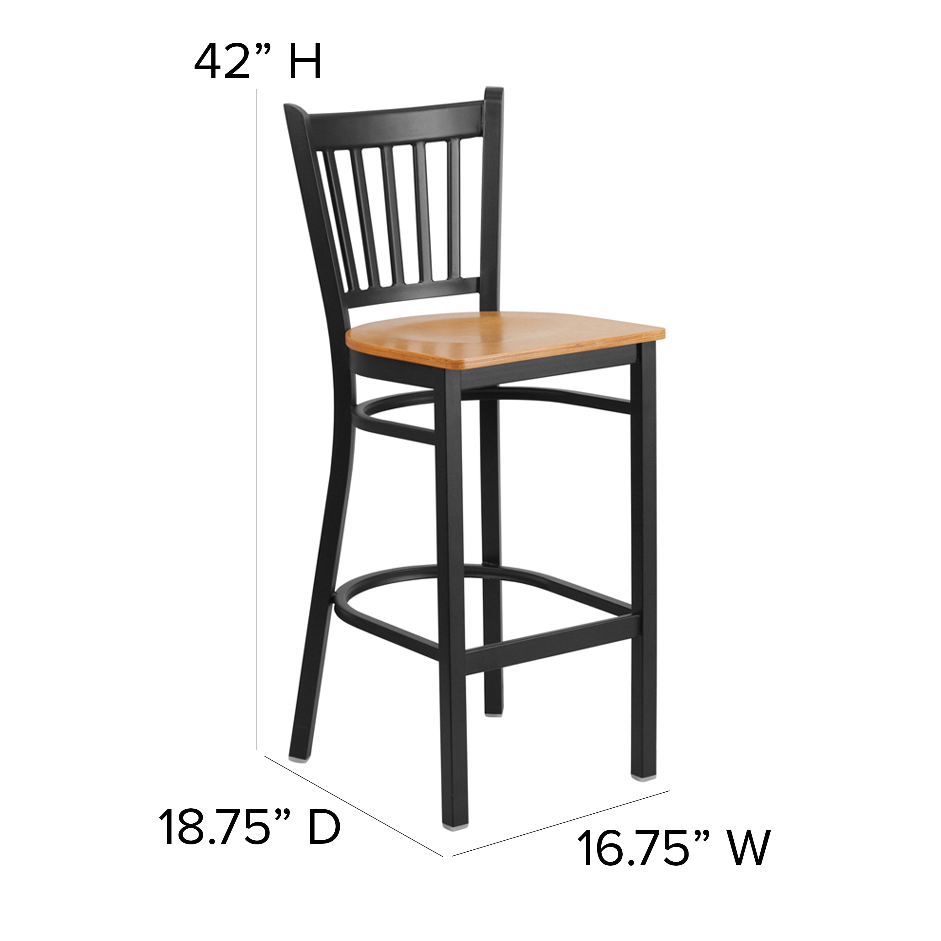 HERCULES Series Black Vertical Back Metal Restaurant Barstool - Natural Wood Seat