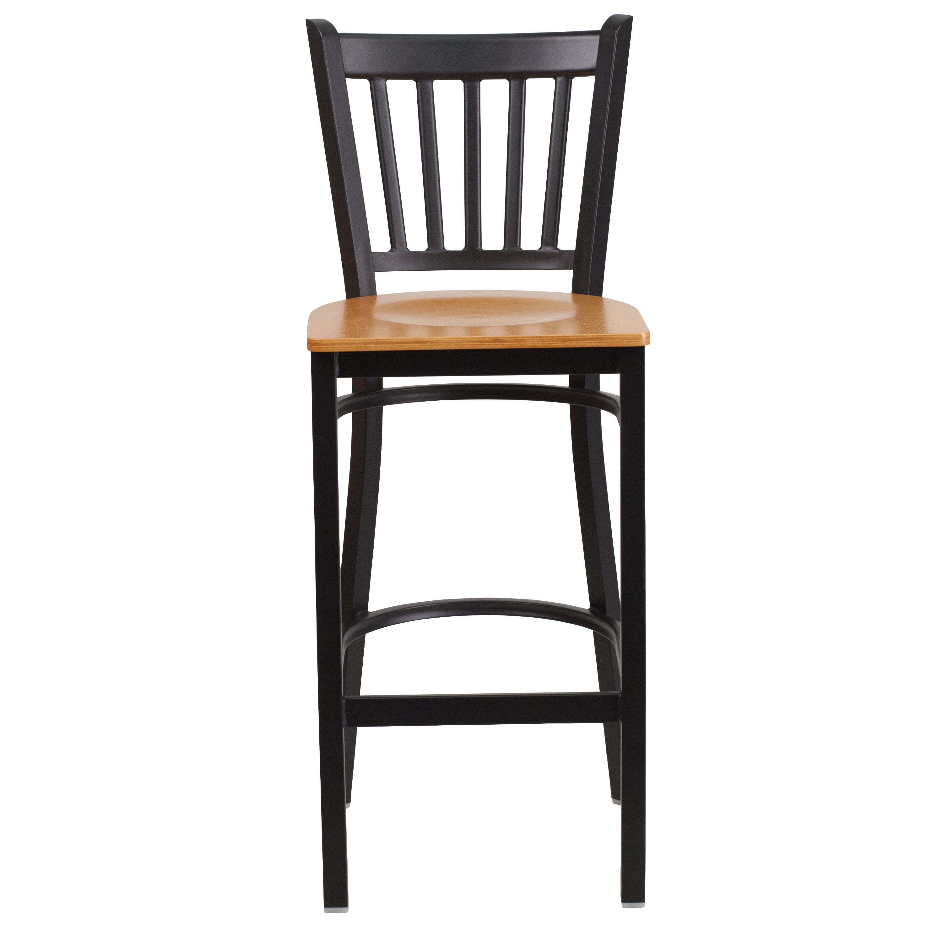 HERCULES Series Black Vertical Back Metal Restaurant Barstool - Natural Wood Seat