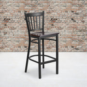 HERCULES Series Black Vertical Back Metal Restaurant Barstool - Walnut Wood Seat