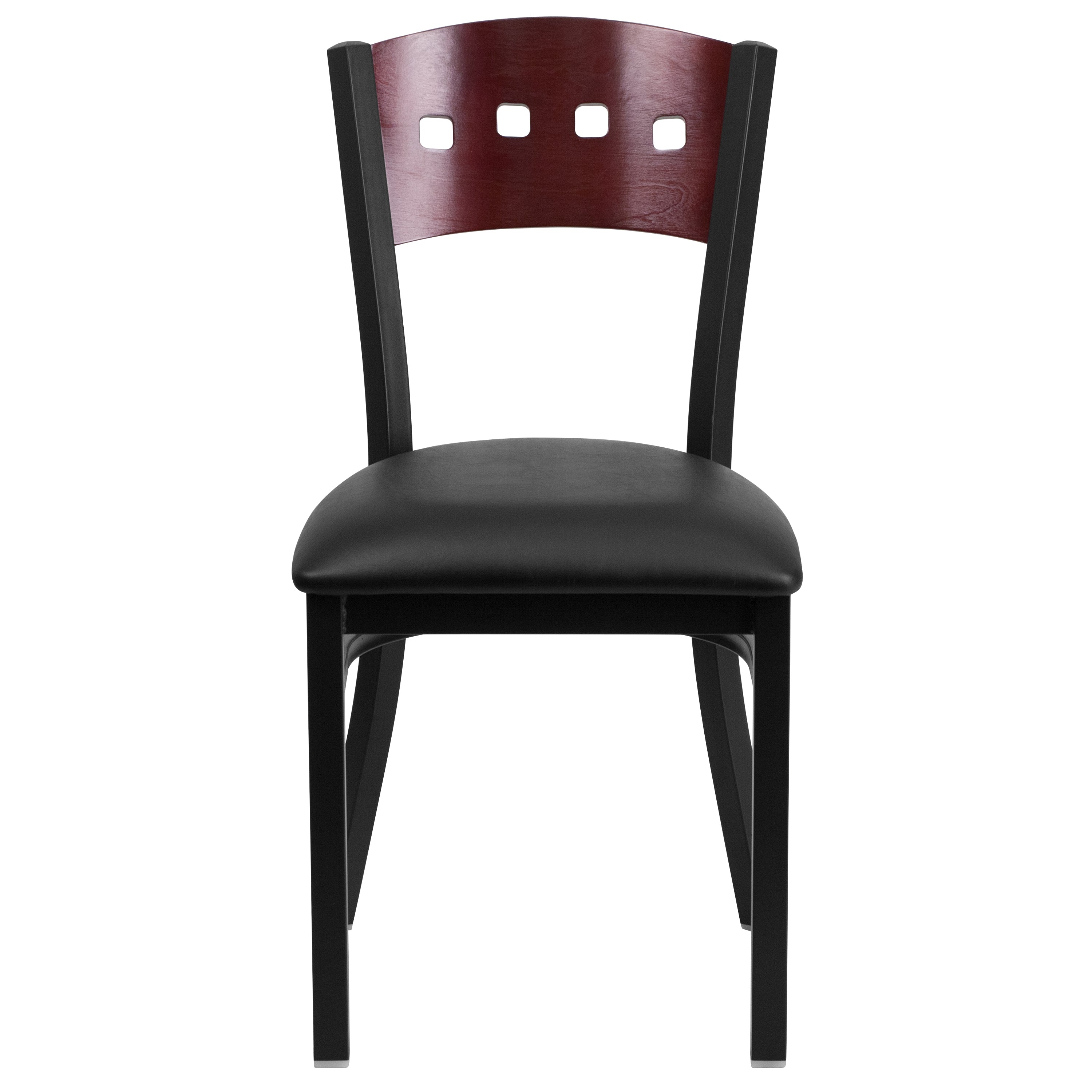 HERCULES Series Black 4 Square Back Metal Restaurant Chair - Mahogany Wood Back, Black Vinyl Seat