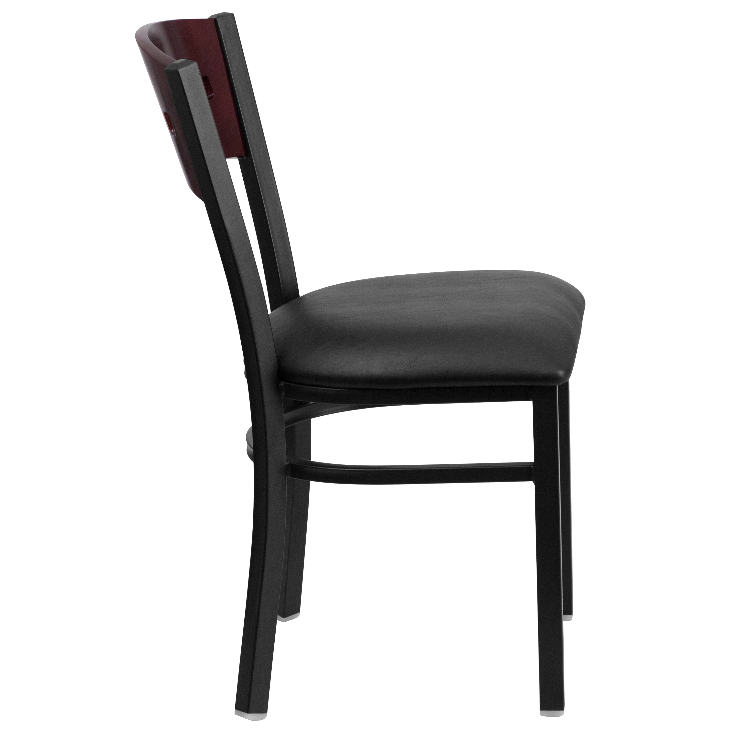 HERCULES Series Black 4 Square Back Metal Restaurant Chair - Mahogany Wood Back, Black Vinyl Seat