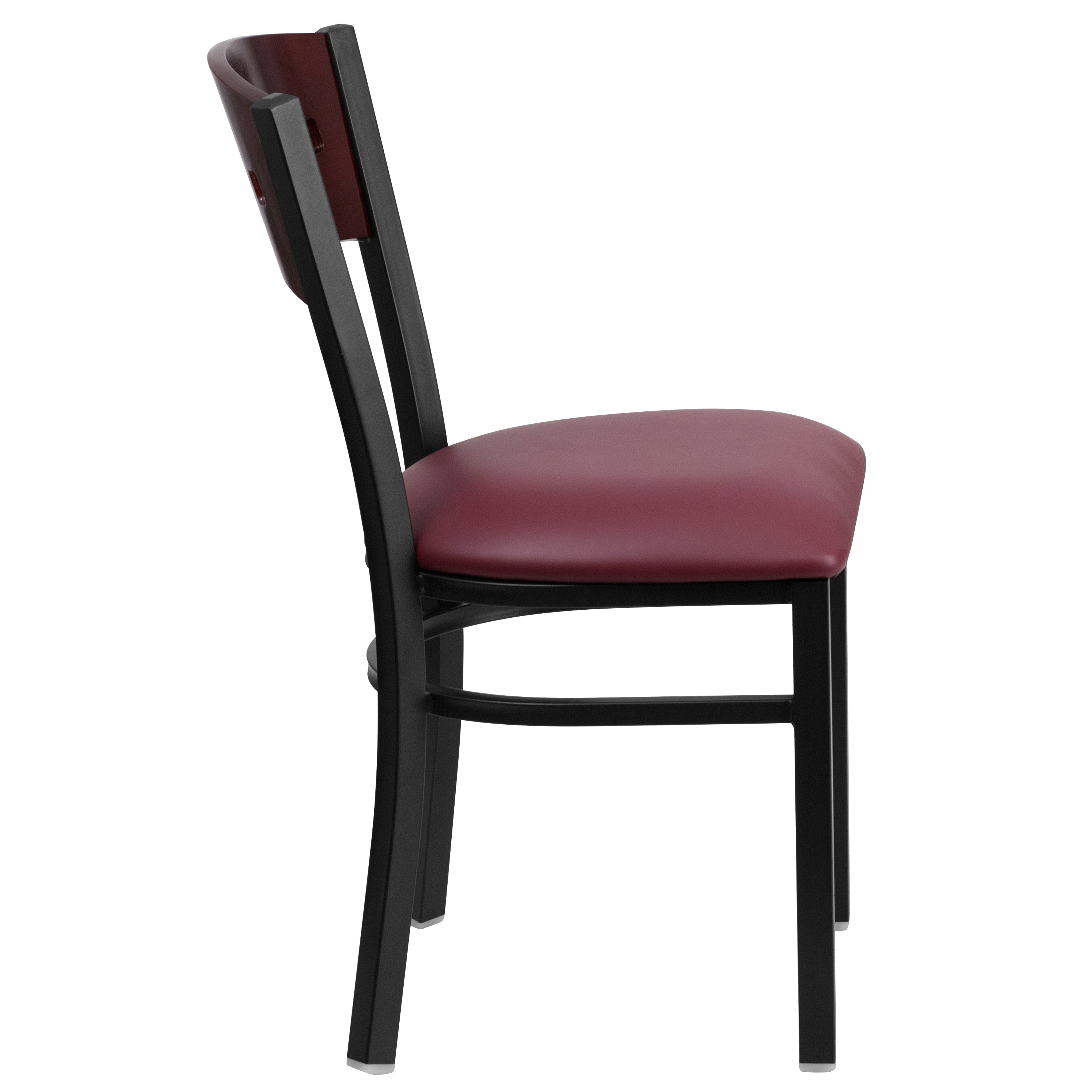 HERCULES Series Black 4 Square Back Metal Restaurant Chair - Mahogany Wood Back, Burgundy Vinyl Seat