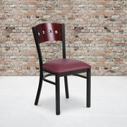 HERCULES Series Black 4 Square Back Metal Restaurant Chair - Mahogany Wood Back, Burgundy Vinyl Seat