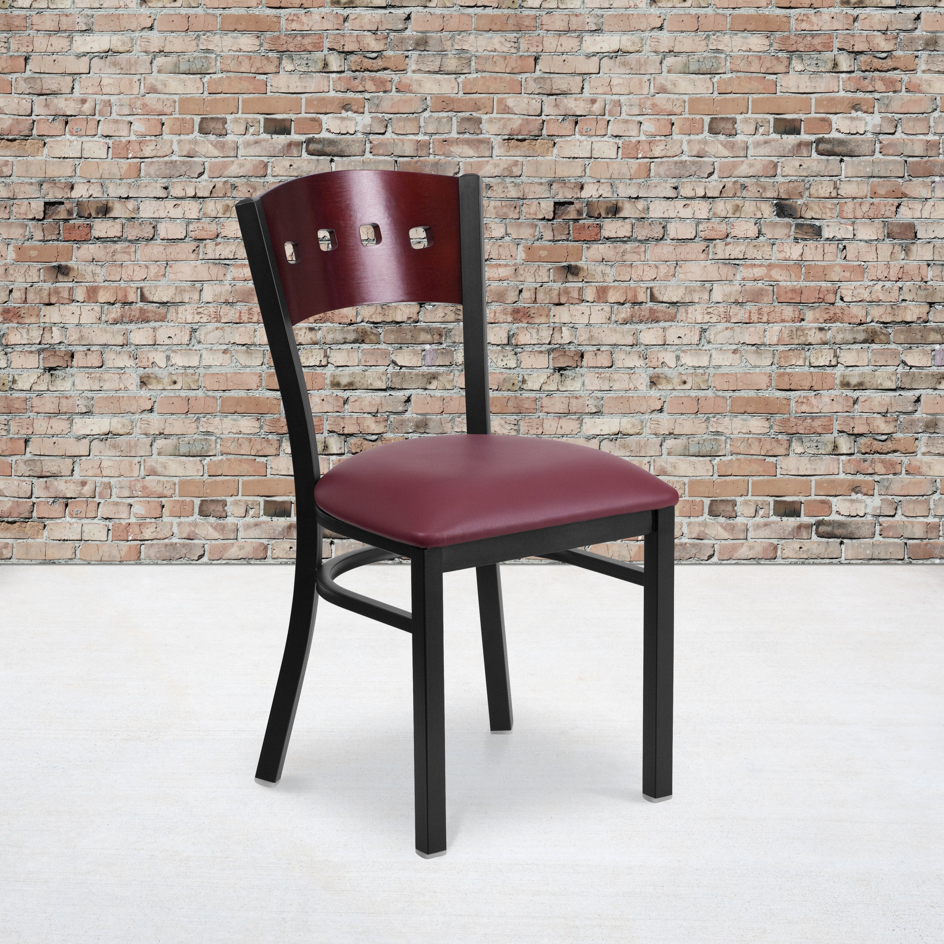 HERCULES Series Black 4 Square Back Metal Restaurant Chair - Mahogany Wood Back, Burgundy Vinyl Seat