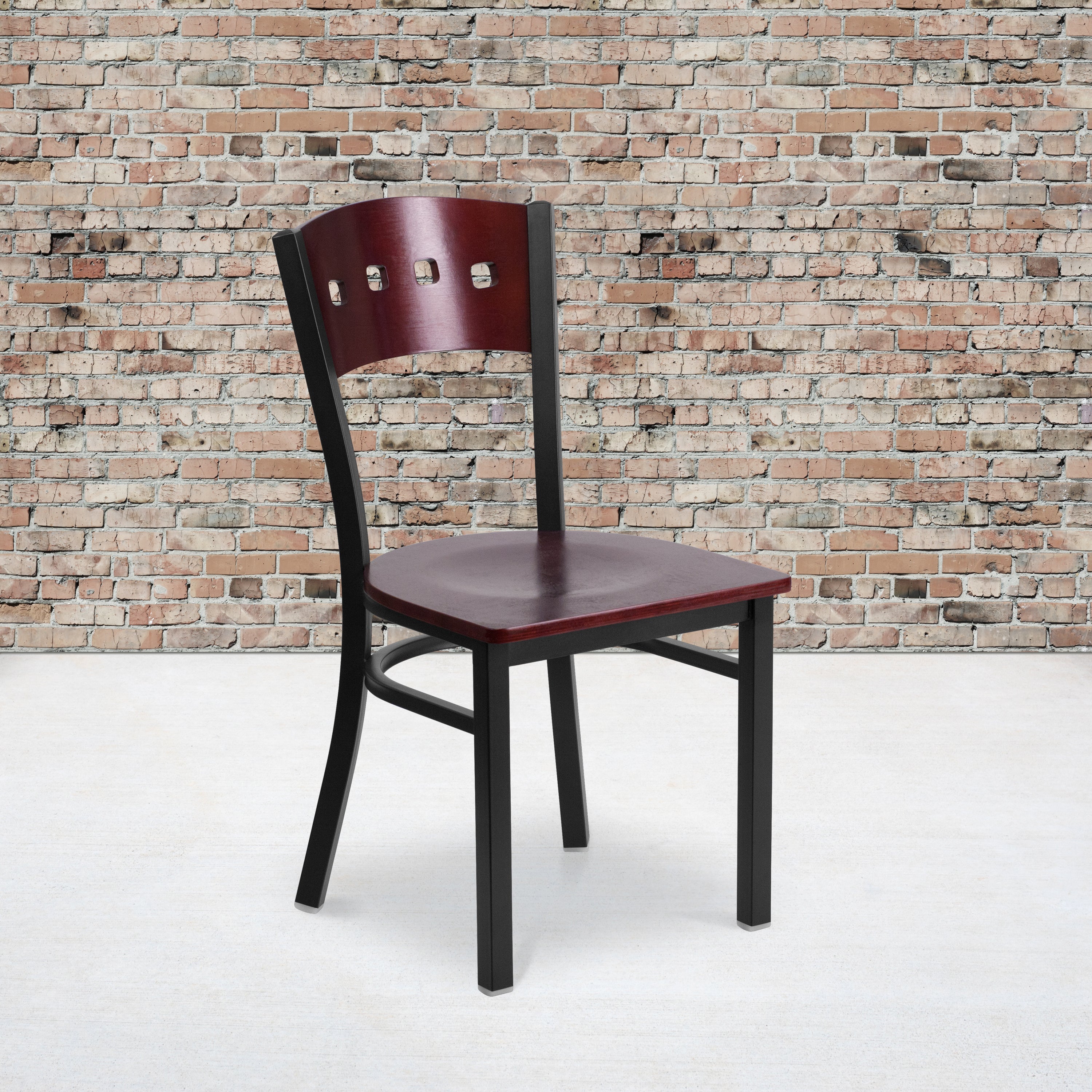 HERCULES Series Black 4 Square Back Metal Restaurant Chair - Mahogany Wood Back & Seat