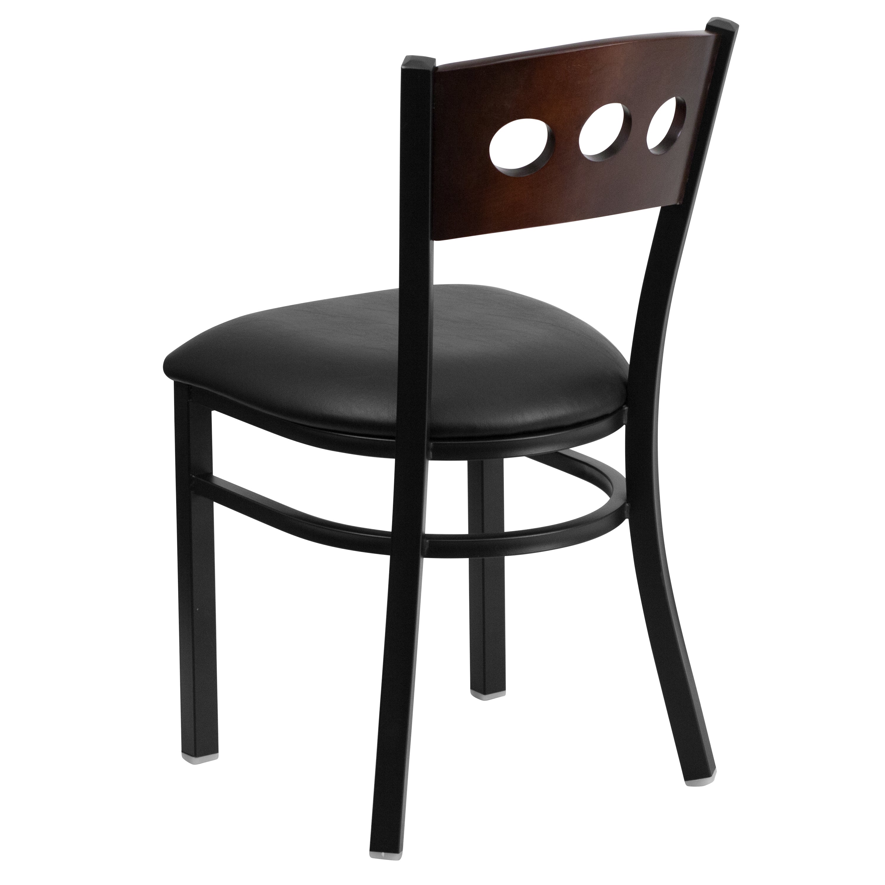 HERCULES Series Black 3 Circle Back Metal Restaurant Chair - Walnut Wood Back, Black Vinyl Seat