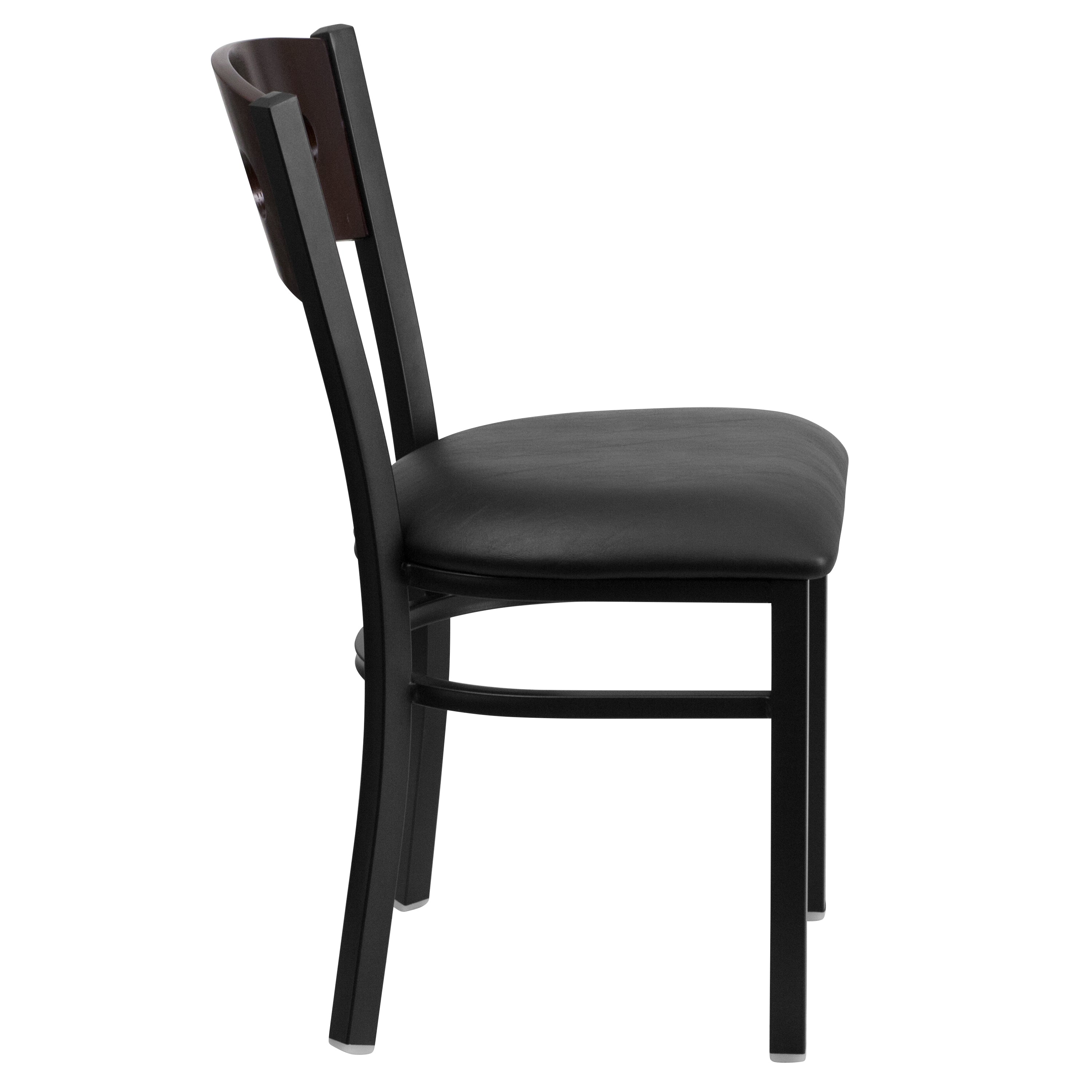 HERCULES Series Black 3 Circle Back Metal Restaurant Chair - Walnut Wood Back, Black Vinyl Seat