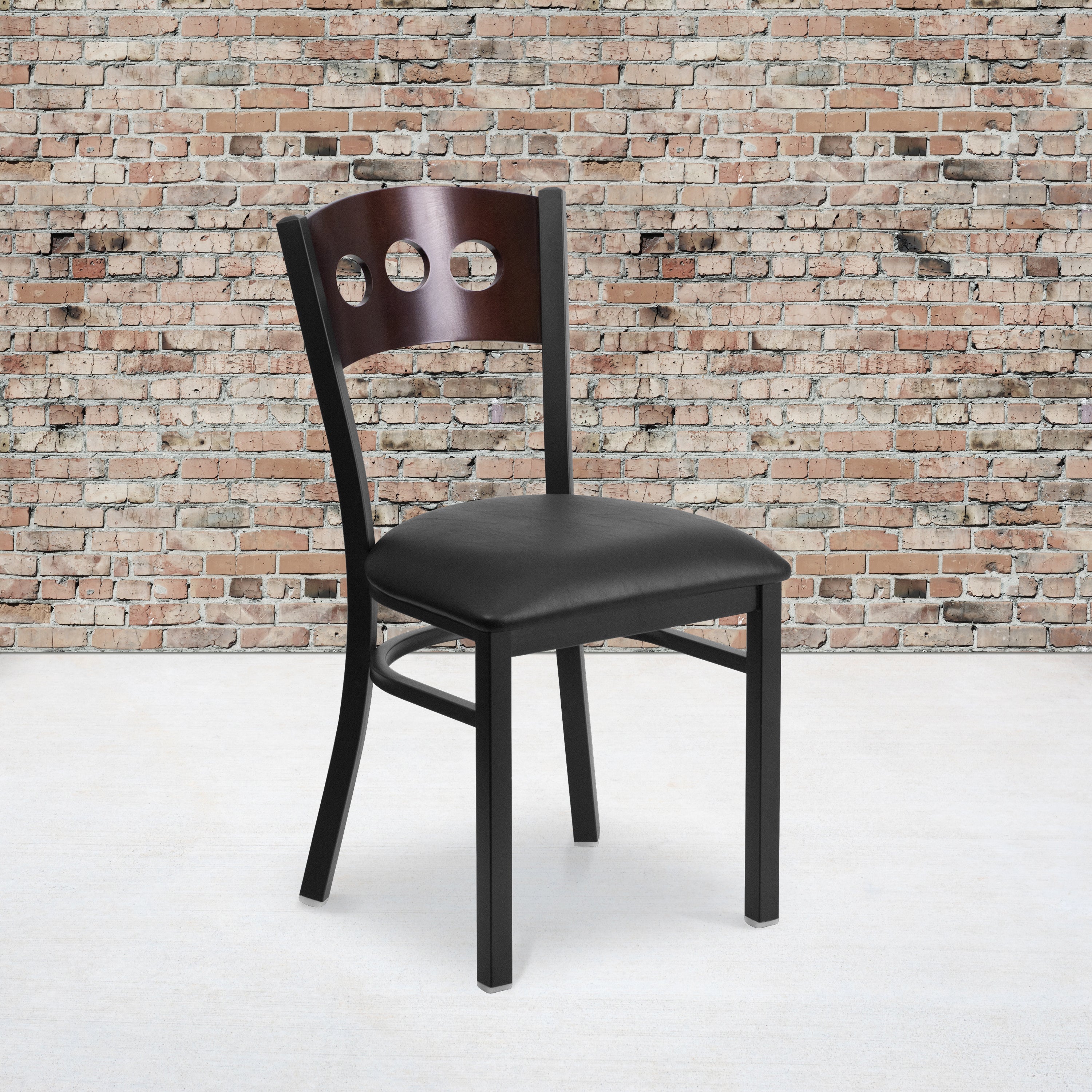 HERCULES Series Black 3 Circle Back Metal Restaurant Chair - Walnut Wood Back, Black Vinyl Seat