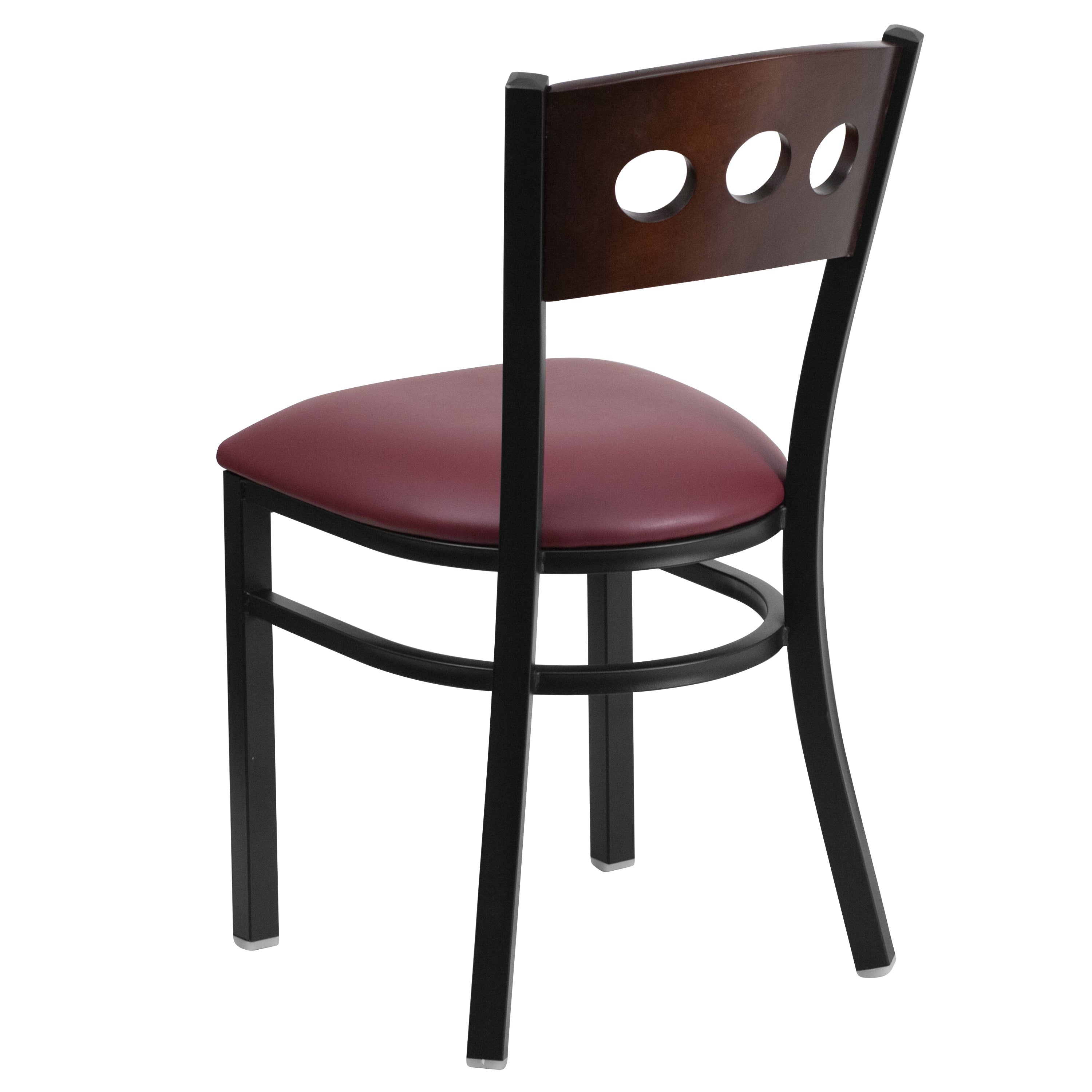 HERCULES Series Black 3 Circle Back Metal Restaurant Chair - Walnut Wood Back, Burgundy Vinyl Seat