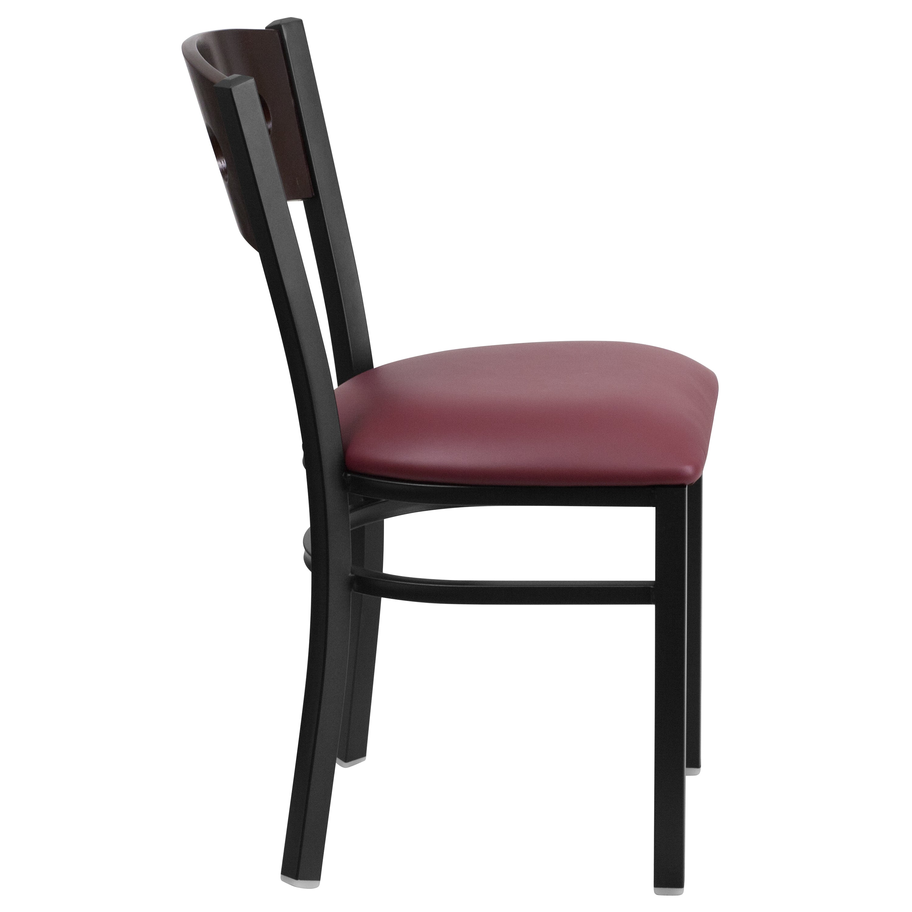 HERCULES Series Black 3 Circle Back Metal Restaurant Chair - Walnut Wood Back, Burgundy Vinyl Seat