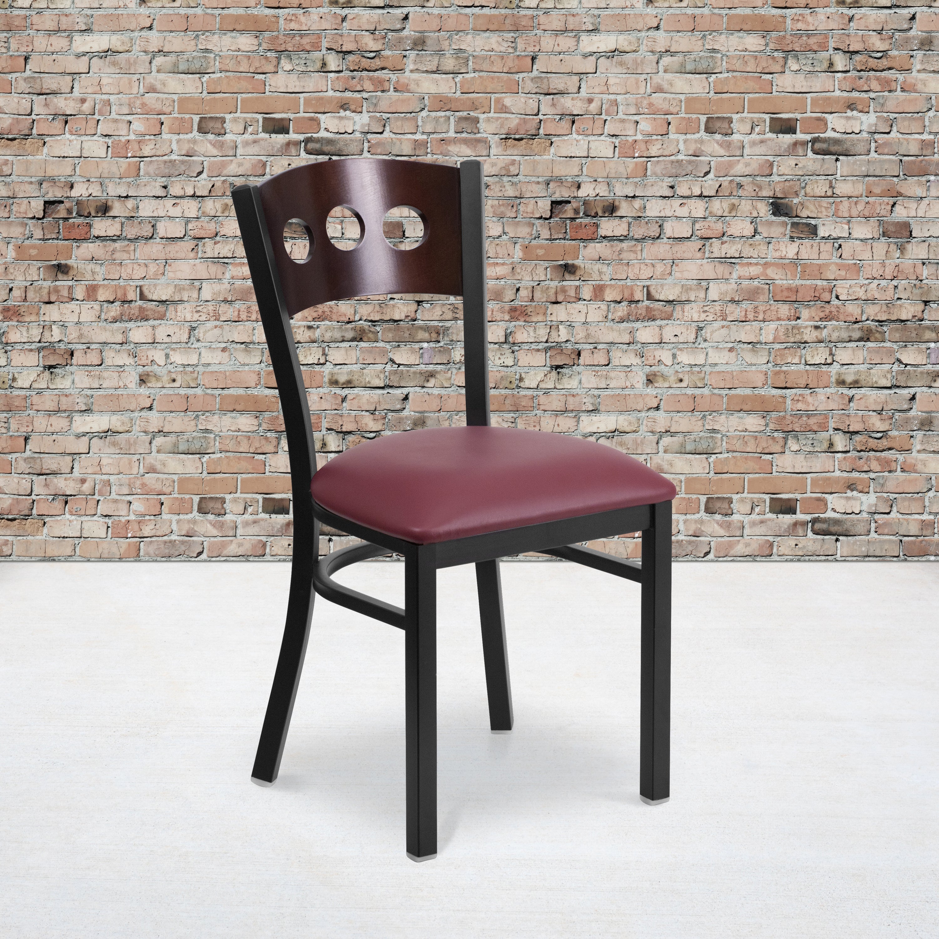 HERCULES Series Black 3 Circle Back Metal Restaurant Chair - Walnut Wood Back, Burgundy Vinyl Seat