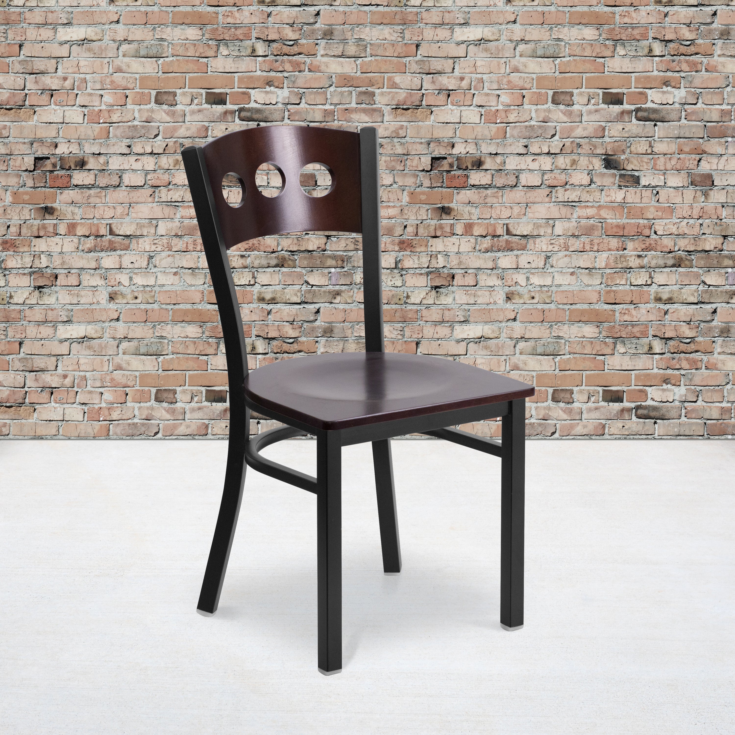 HERCULES Series Black 3 Circle Back Metal Restaurant Chair - Walnut Wood Back & Seat