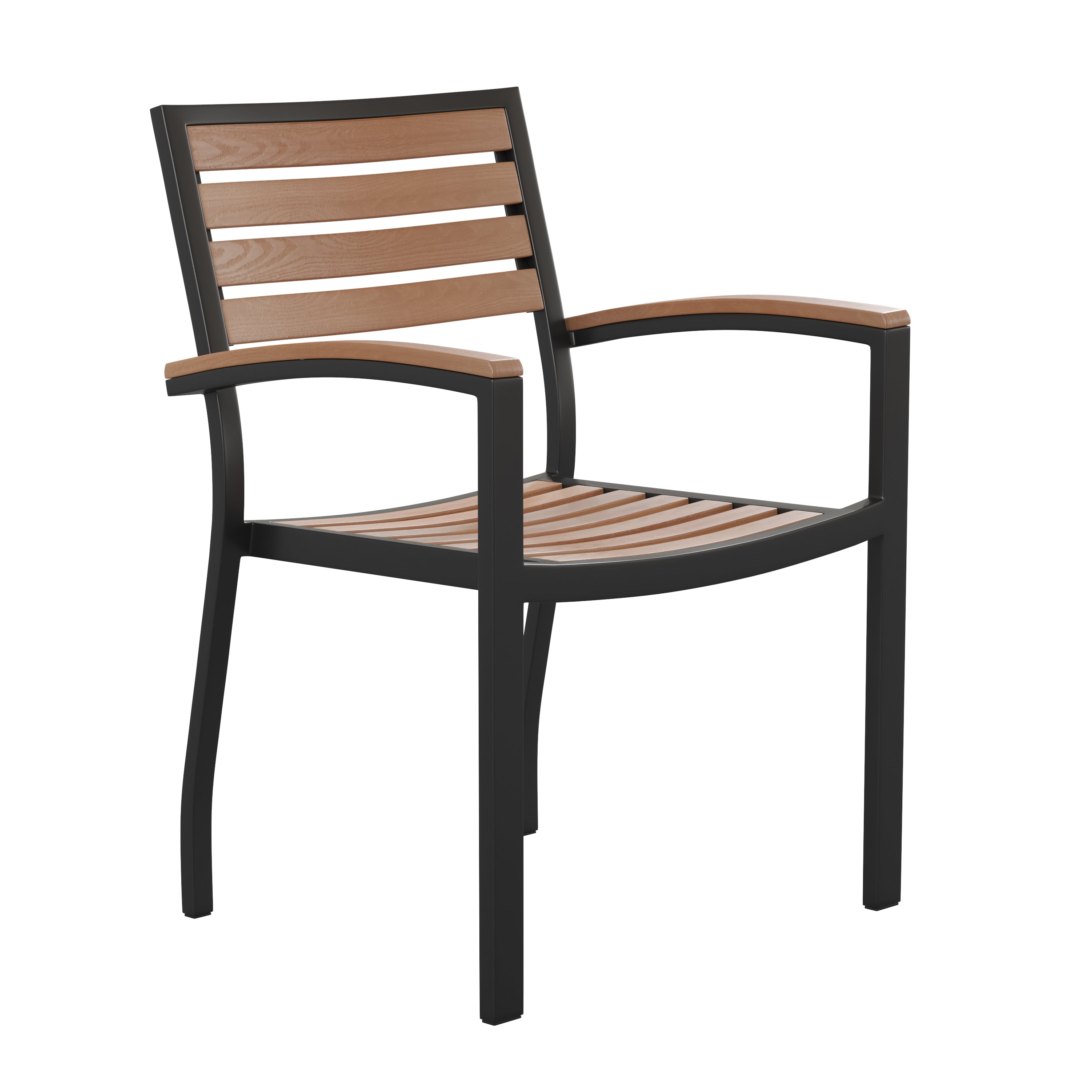 Lark 3 Piece Outdoor Dining Table Set - Synthetic Teak Poly Slats - 35" Square Steel Framed Table - Umbrella Hole - 2 Club Chairs