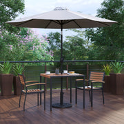 Lark 5 Piece Outdoor Patio Table Set with 2 Synthetic Teak Stackable Chairs, 35" Square Table, Gray Umbrella & Base