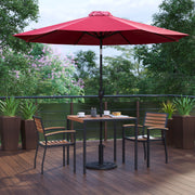 Lark 5 Piece Outdoor Patio Table Set with 2 Synthetic Teak Stackable Chairs, 35" Square Table, Red Umbrella & Base