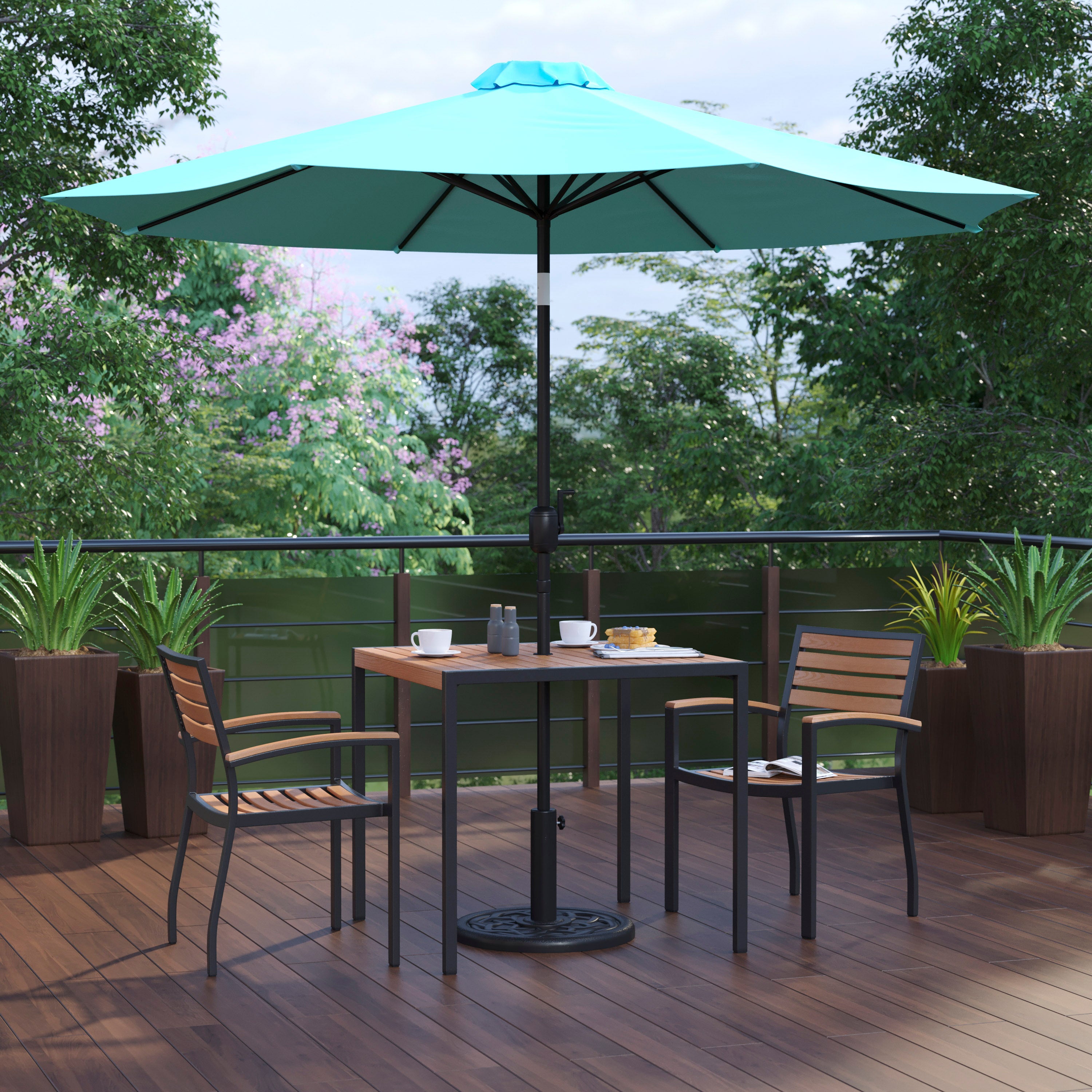 Lark 5 Piece Outdoor Patio Dining Table Set - 2 Synthetic Teak Stackable Chairs, 36" Square Table, Teal Umbrella & Base