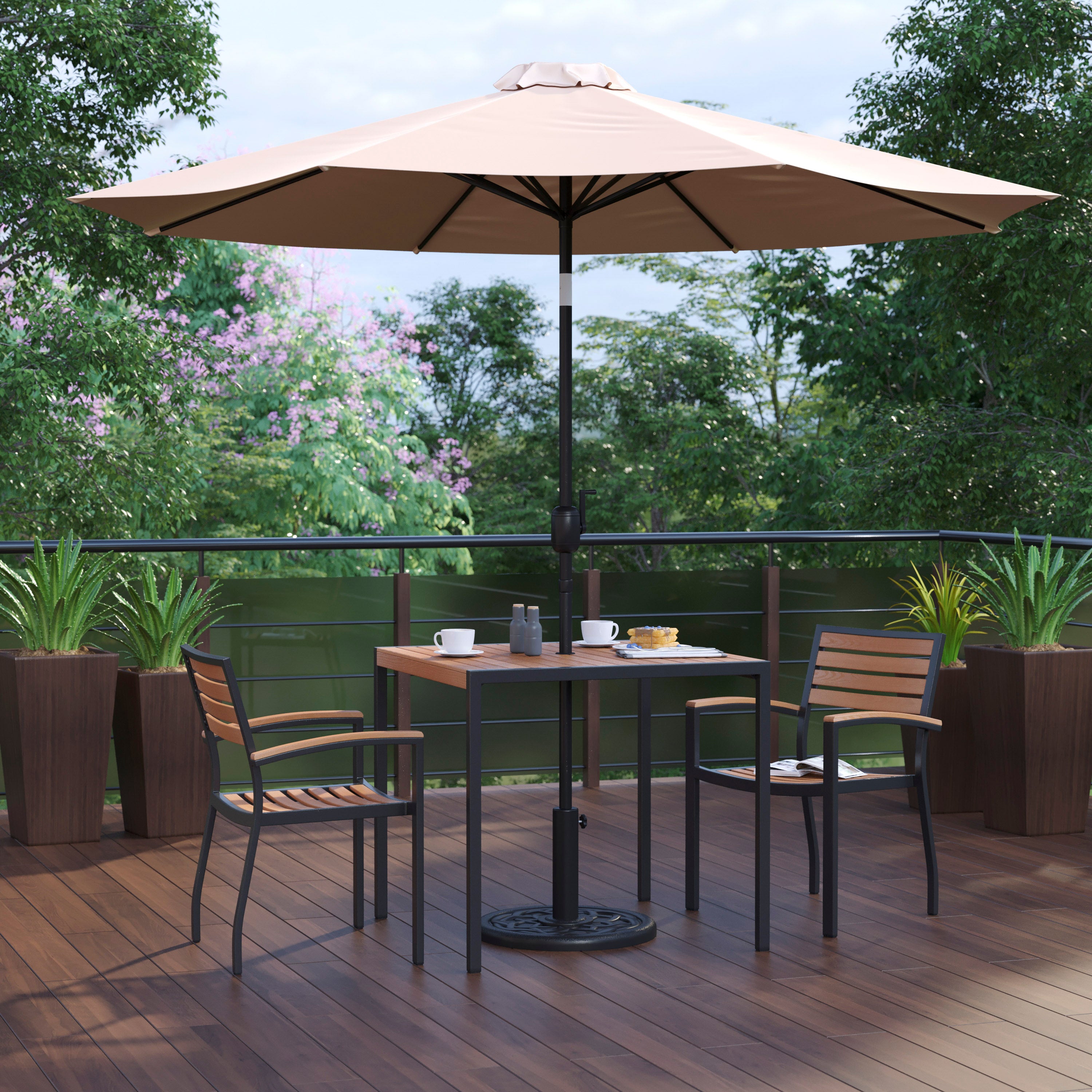 Lark 5 Piece Outdoor Patio Table Set with 2 Synthetic Teak Stackable Chairs, 35" Square Table, Tan Umbrella & Base