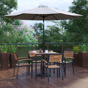 Lark 7 Piece Outdoor Patio Table Set with 4 Synthetic Teak Stackable Chairs, 35" Square Table, Gray Umbrella & Base