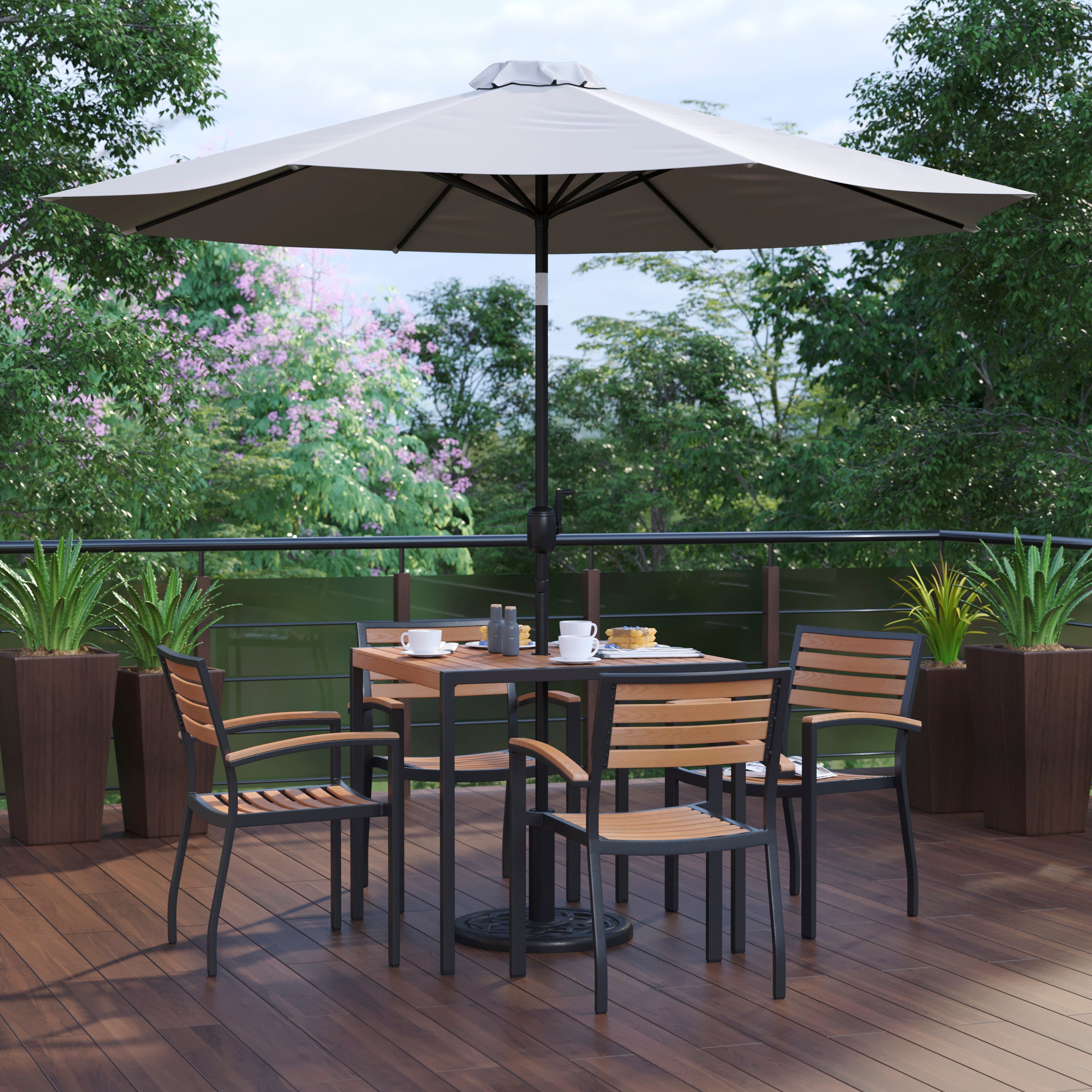 Lark 7 Piece Outdoor Patio Table Set with 4 Synthetic Teak Stackable Chairs, 35" Square Table, Gray Umbrella & Base