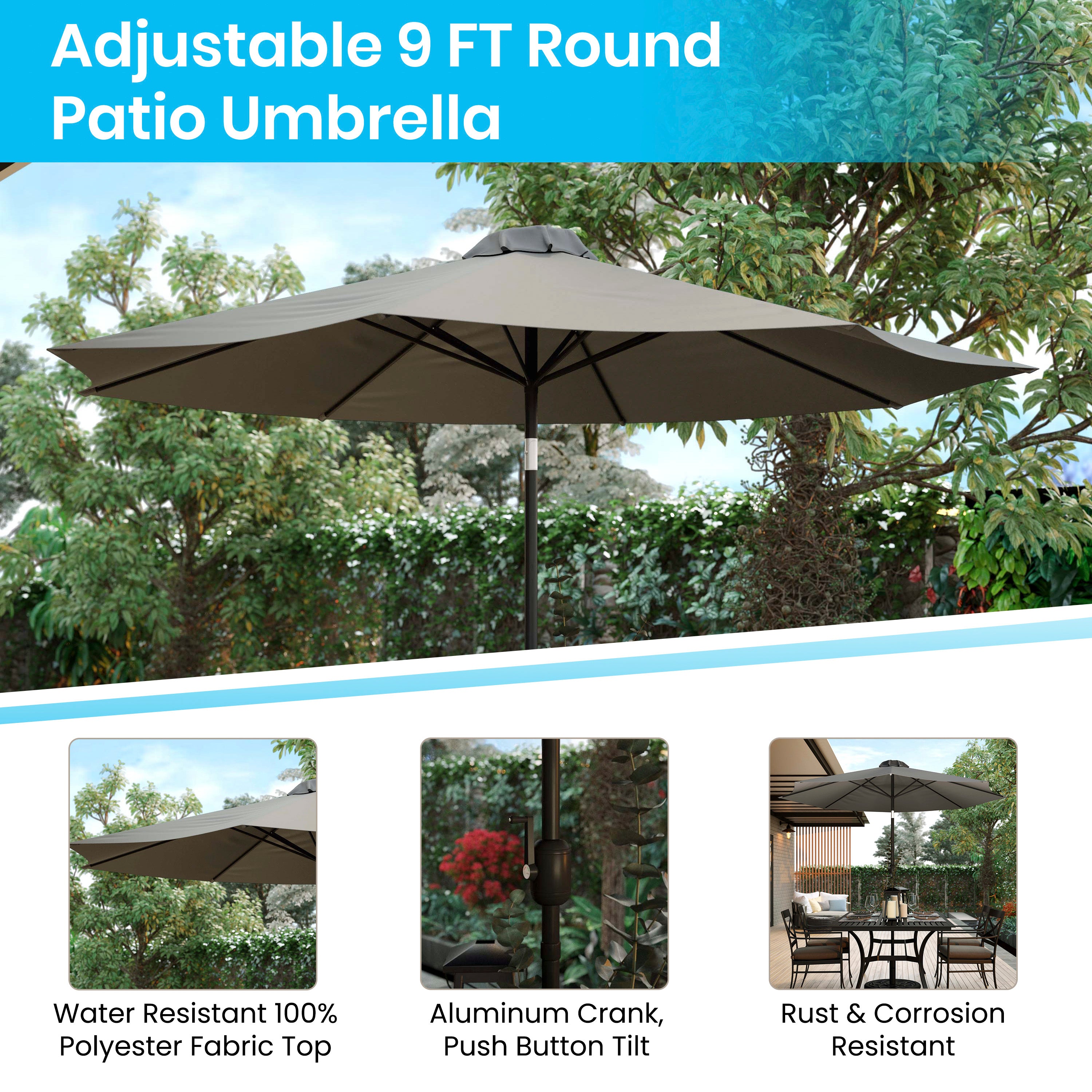 Lark 7 Piece Outdoor Patio Table Set with 4 Synthetic Teak Stackable Chairs, 35" Square Table, Gray Umbrella & Base