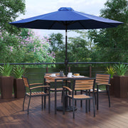 Lark 7 Piece Outdoor Patio Table Set with 4 Synthetic Teak Stackable Chairs, 35" Square Table, Navy Umbrella & Base