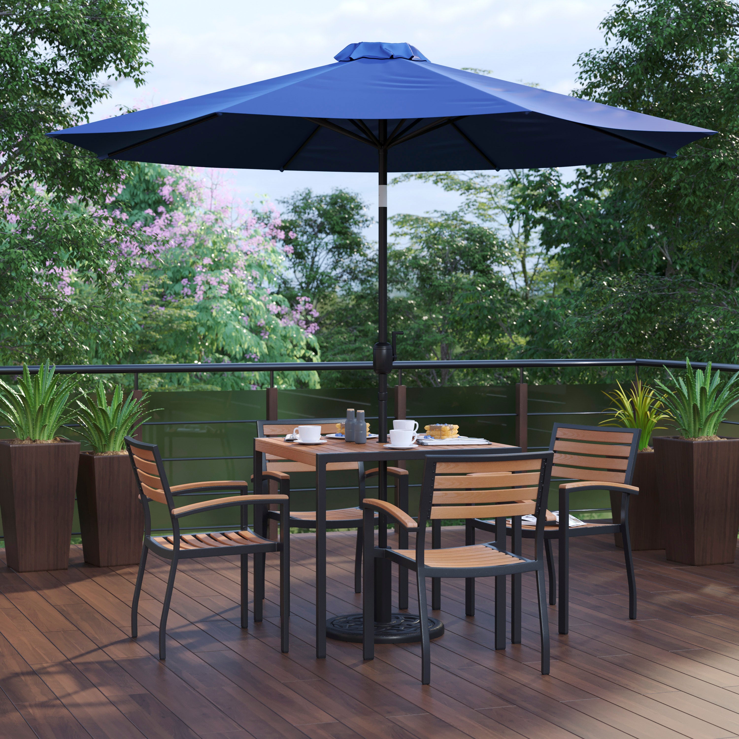 Lark 7 Piece Outdoor Patio Table Set with 4 Synthetic Teak Stackable Chairs, 35" Square Table, Navy Umbrella & Base